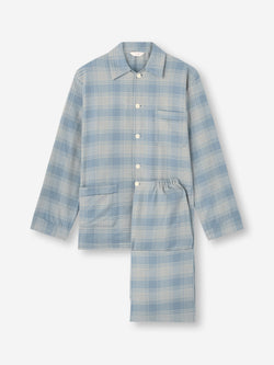 Men's Classic Fit Pajamas Kelburn Brushed Cotton Storm Blue & Ecru Check