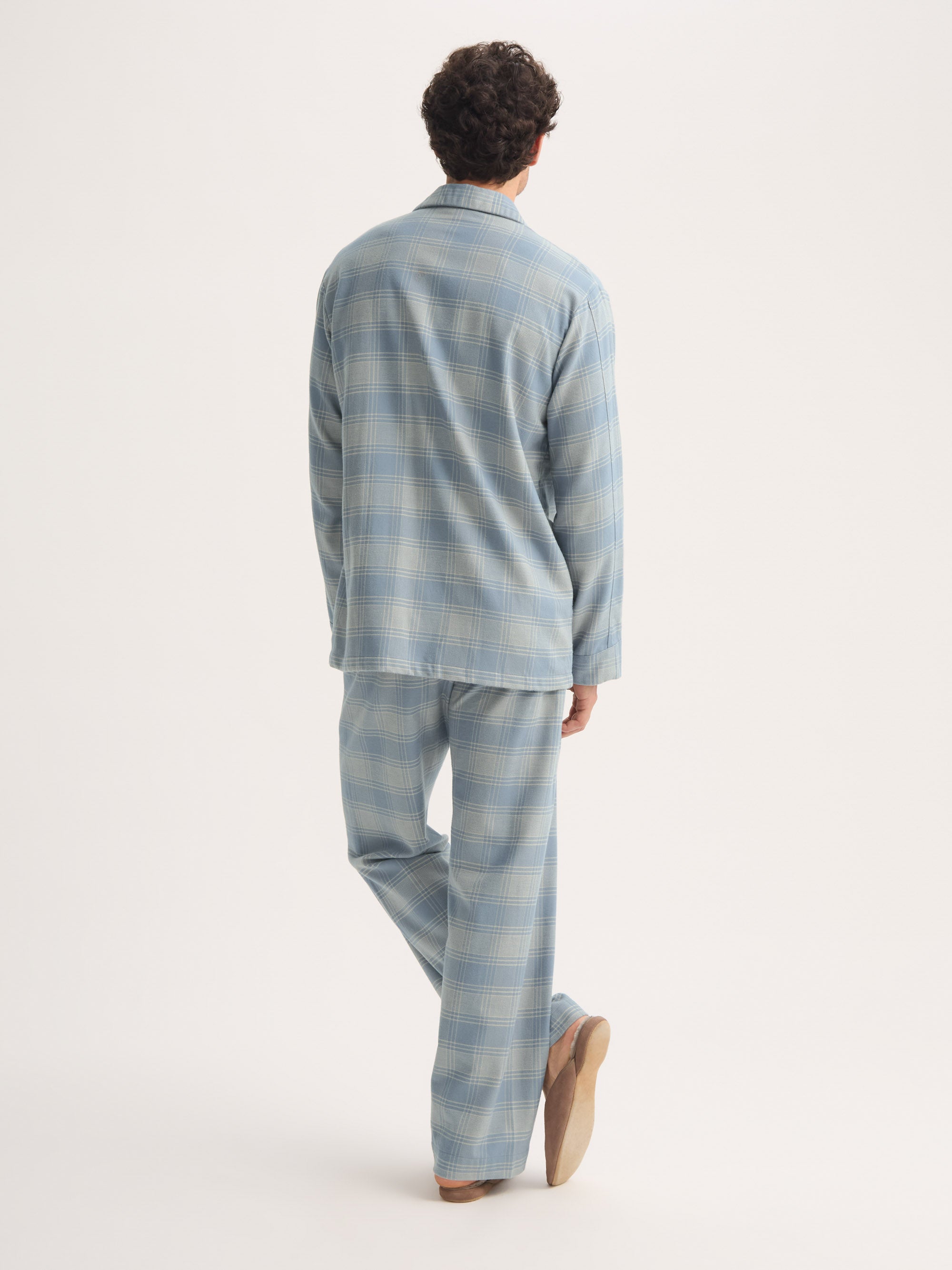 Men's Classic Fit Pajamas Kelburn Brushed Cotton Storm Blue & Ecru Check