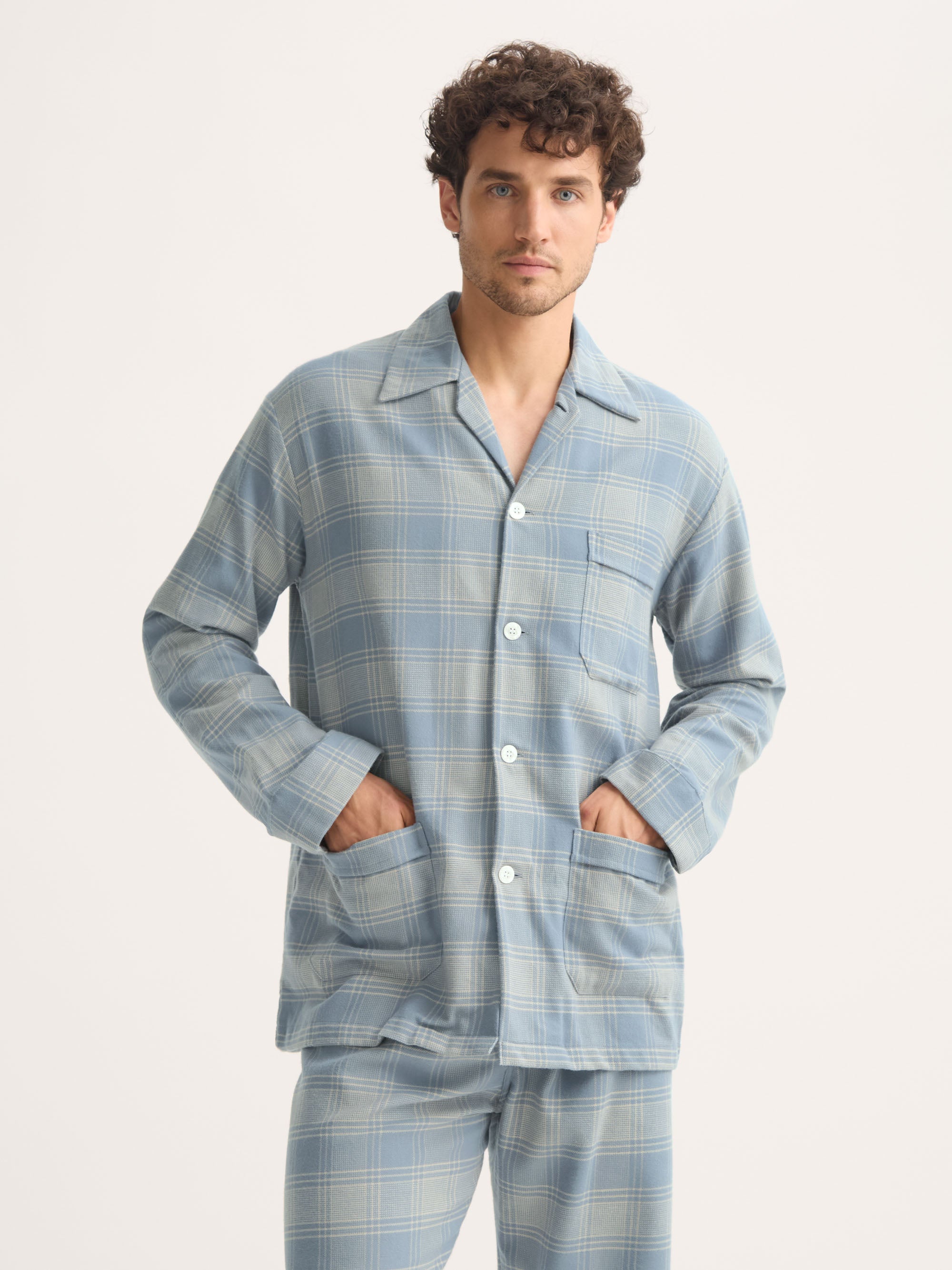 Men's Classic Fit Pajamas Kelburn Brushed Cotton Storm Blue & Ecru Check
