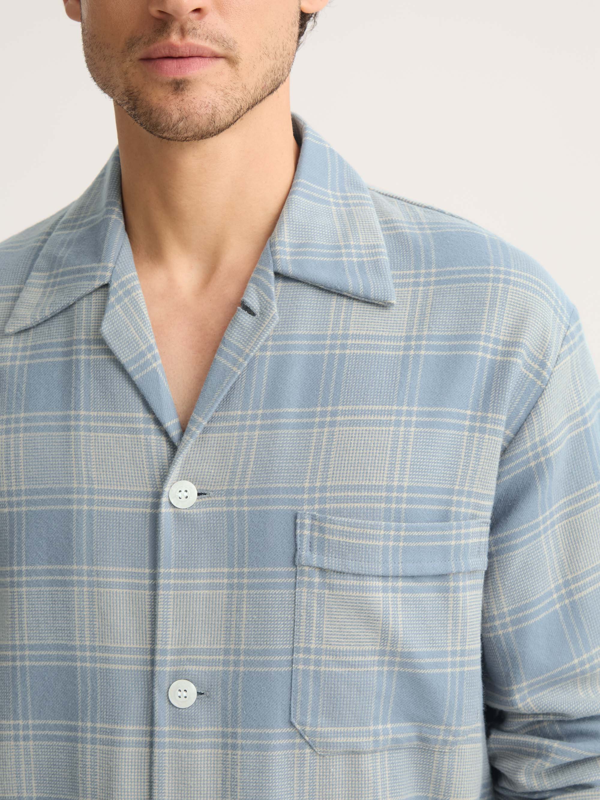 Men's Classic Fit Pajamas Kelburn Brushed Cotton Storm Blue & Ecru Check