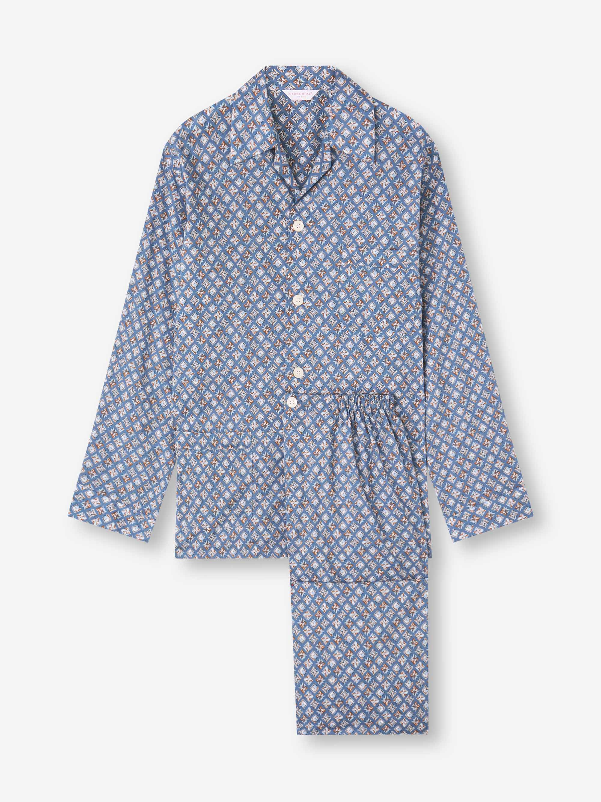 Men's Classic Fit Pyjamas Cotton Batiste Blue Multicolour Diamond Print