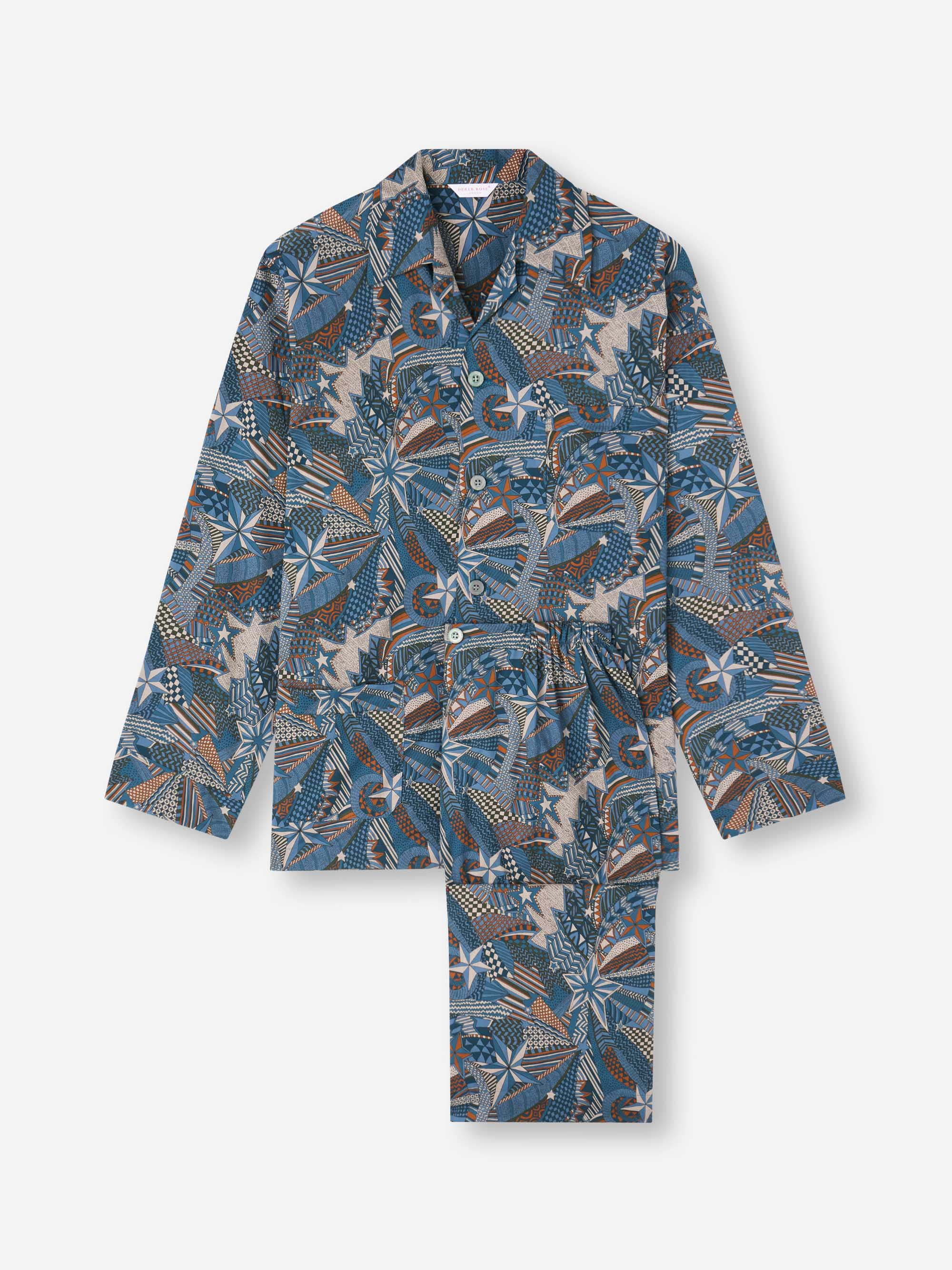 Men's Classic Fit Pyjamas Cotton Batiste Blue Multicolour Celebration Print