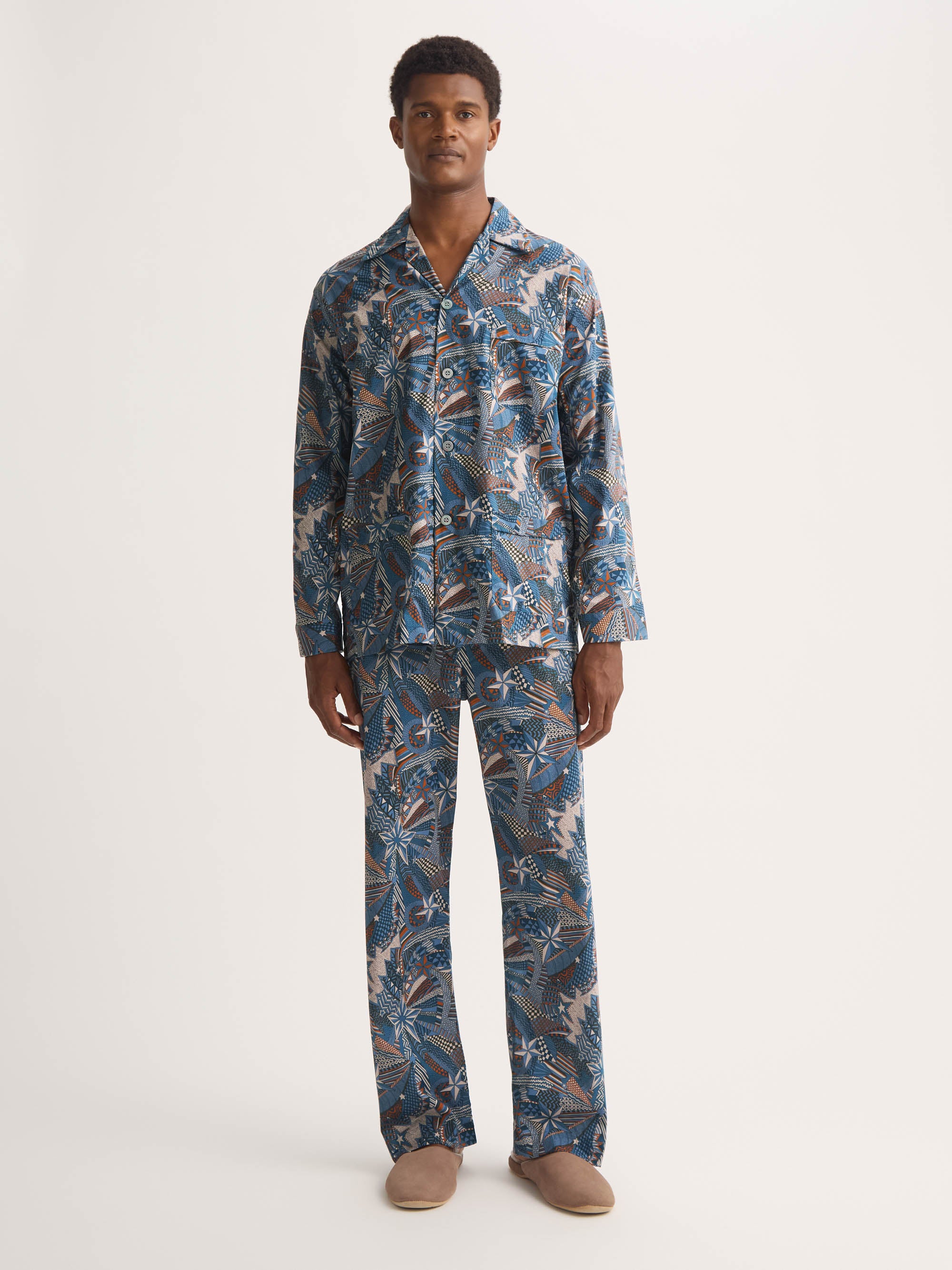Men's Classic Fit Pyjamas Cotton Batiste Blue Multicolour Celebration Print