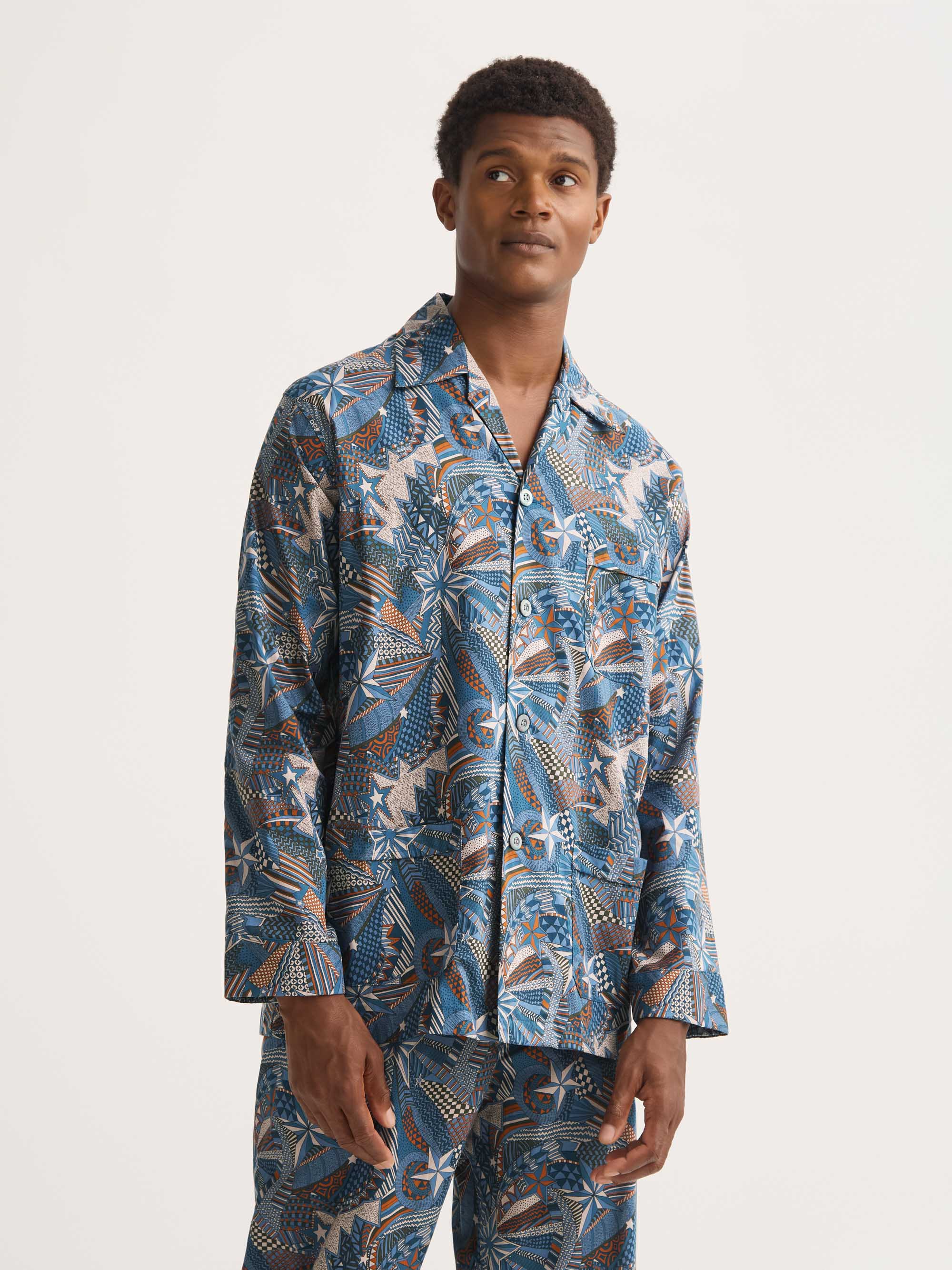 Men's Classic Fit Pyjamas Cotton Batiste Blue Multicolour Celebration Print