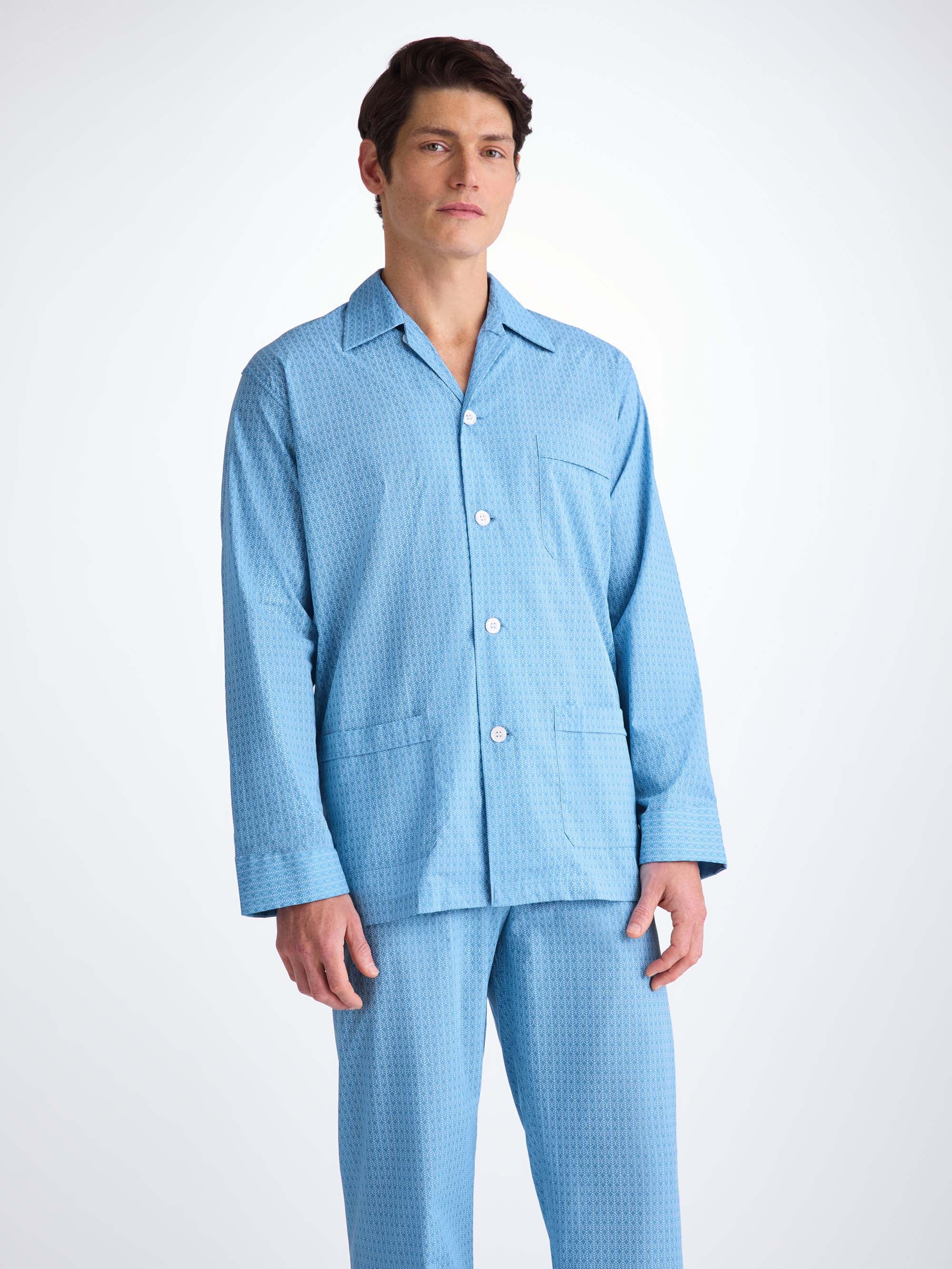 Men's Classic Fit Pyjamas Cotton Batiste Blue Jungle Leaf Print