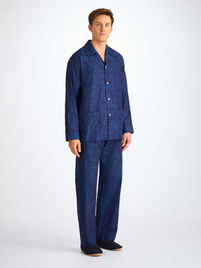 Men's Classic Fit Pyjamas Cotton Jacquard Navy Jungle Paisley Pattern