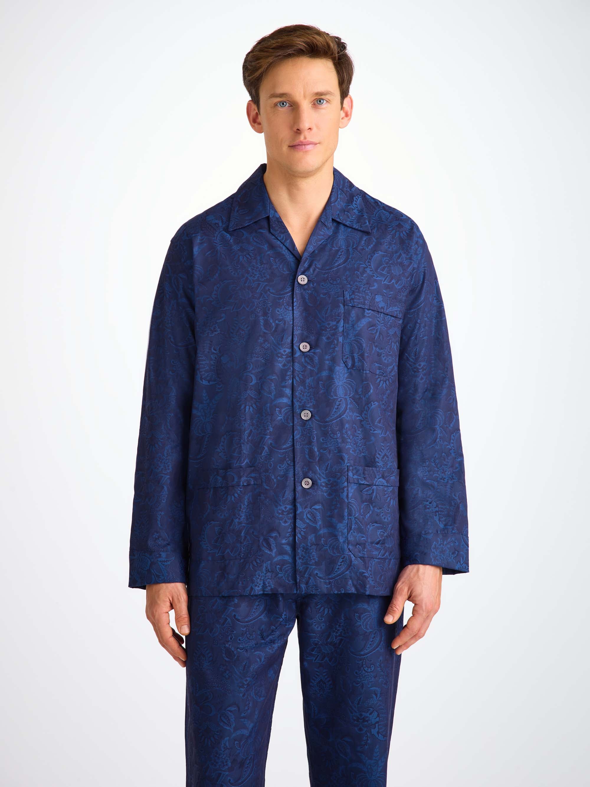 Men's Classic Fit Pyjamas Cotton Jacquard Navy Jungle Paisley Pattern