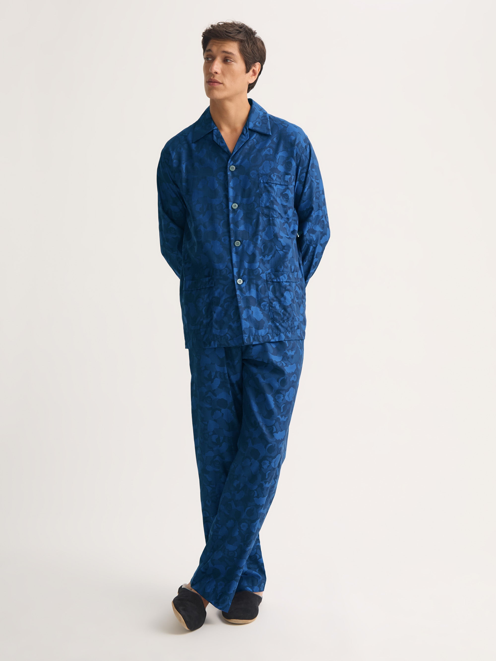Men's Classic Fit Pajamas Cotton Jacquard Navy Blue Camo Rose Weave