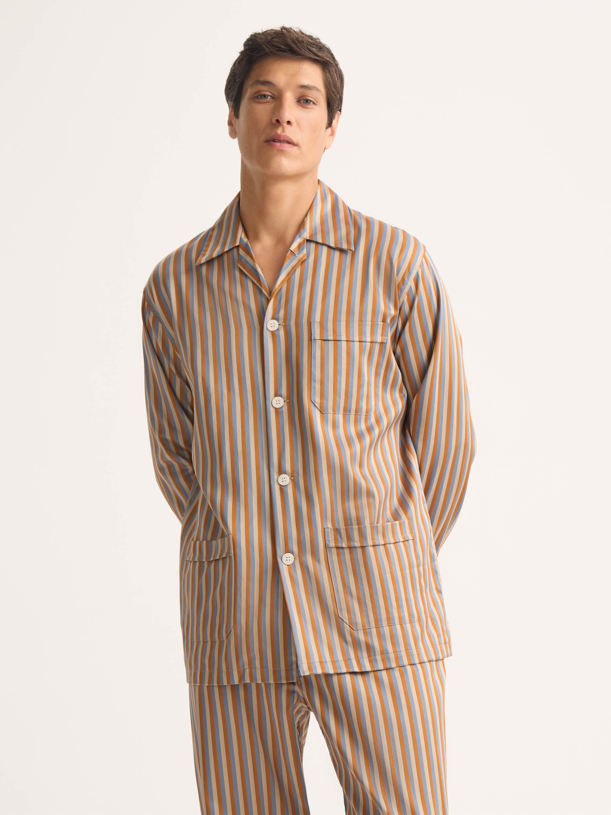 Men's Classic Fit Pyjamas Wellington Cotton Brown and Blue Multicolour Stripe
