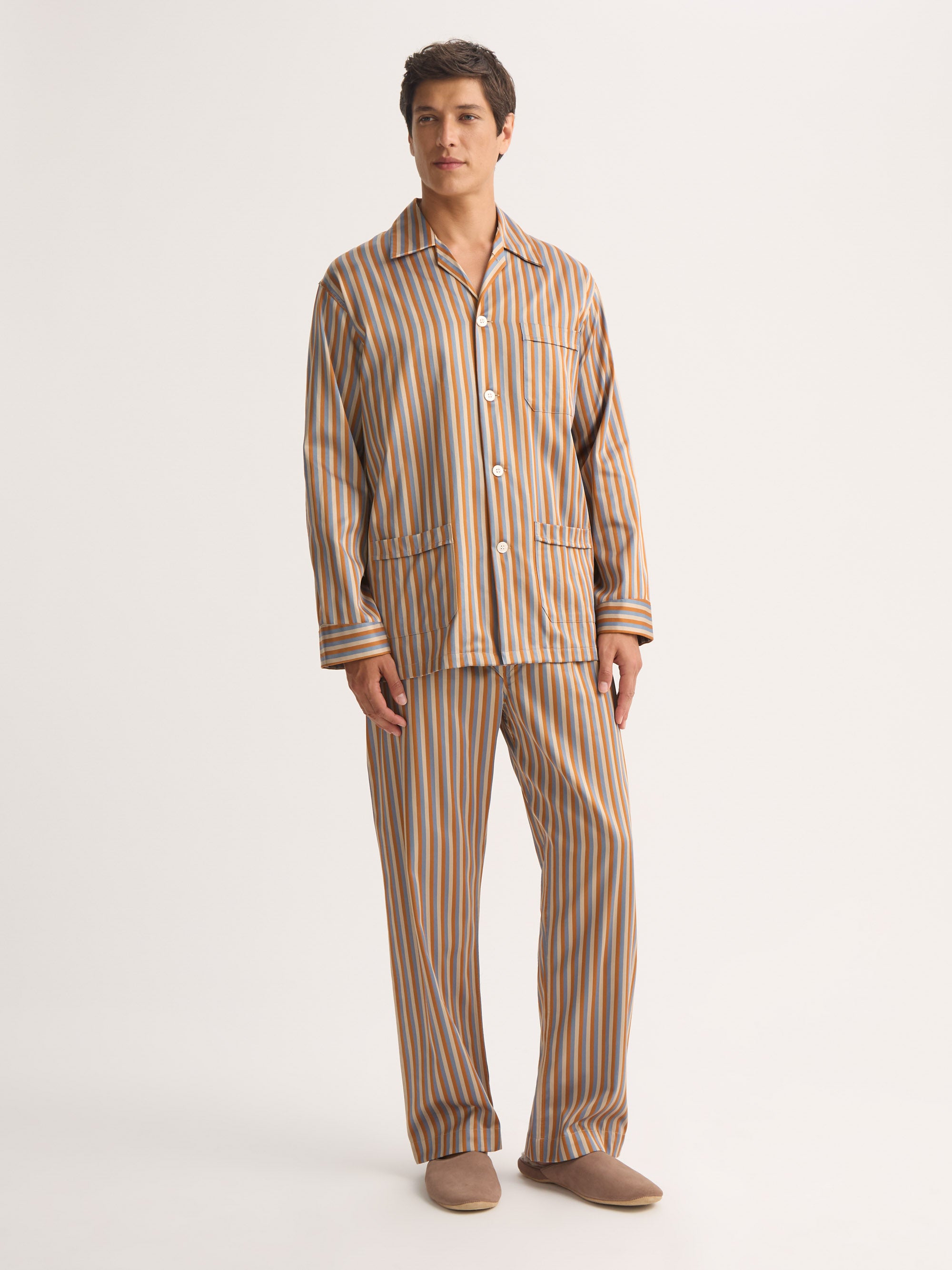 Men's Classic Fit Pyjamas Wellington Cotton Brown and Blue Multicolour Stripe