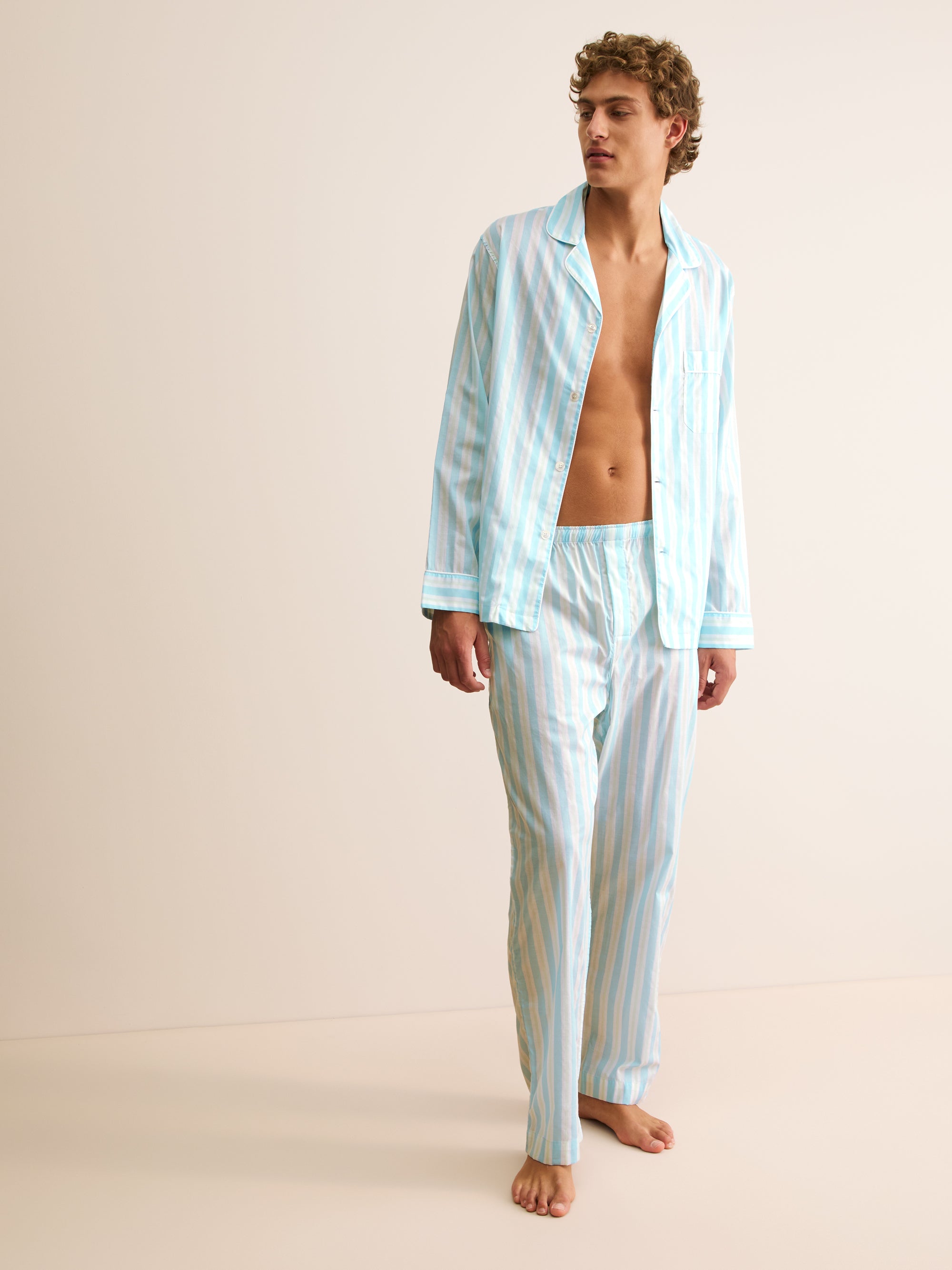 Men's Classic Fit Pyjamas Amalfi Cotton Batiste Aqua Blue Stripe