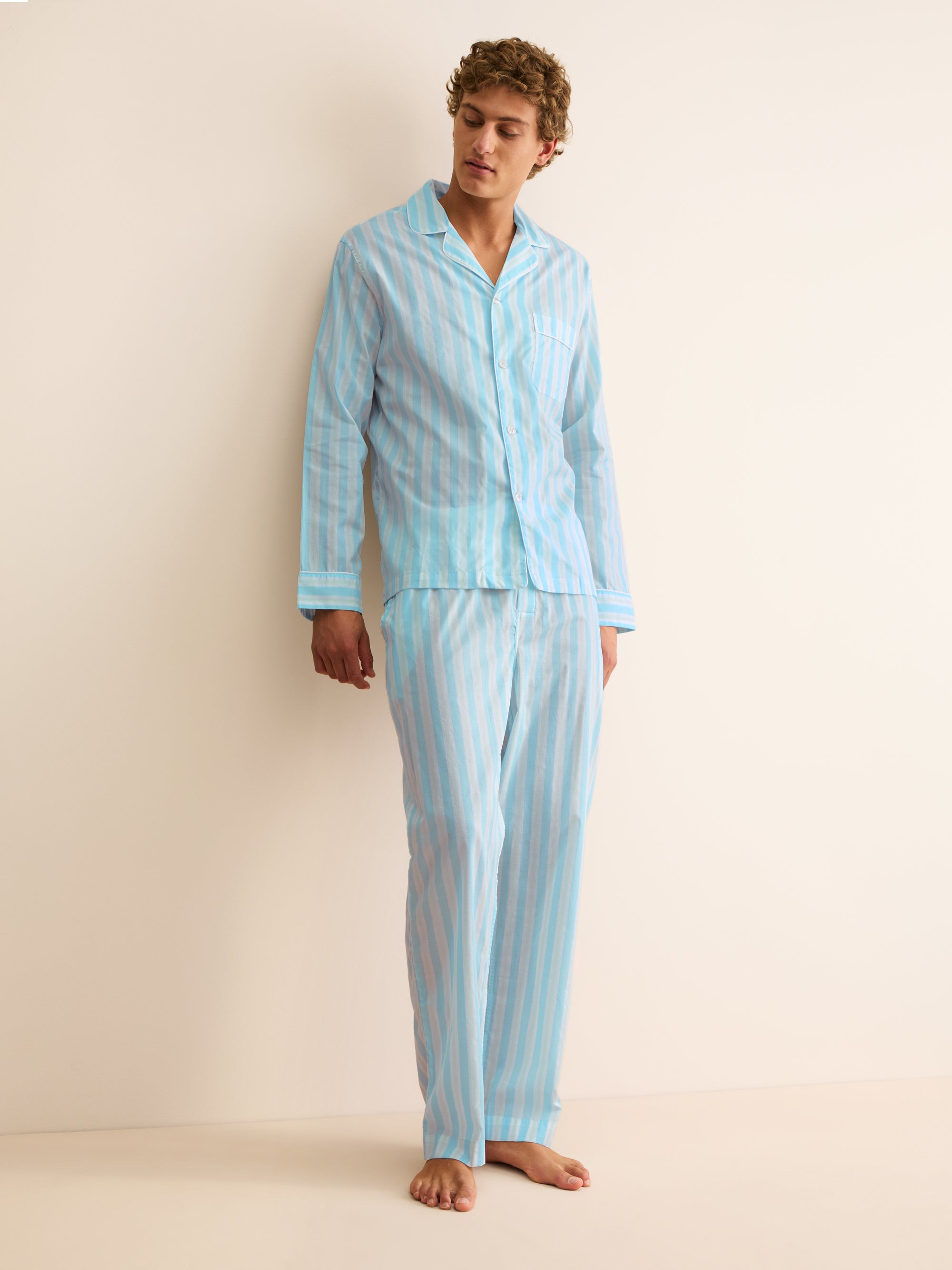 Men's Classic Fit Pyjamas Amalfi Cotton Batiste Aqua Blue Stripe
