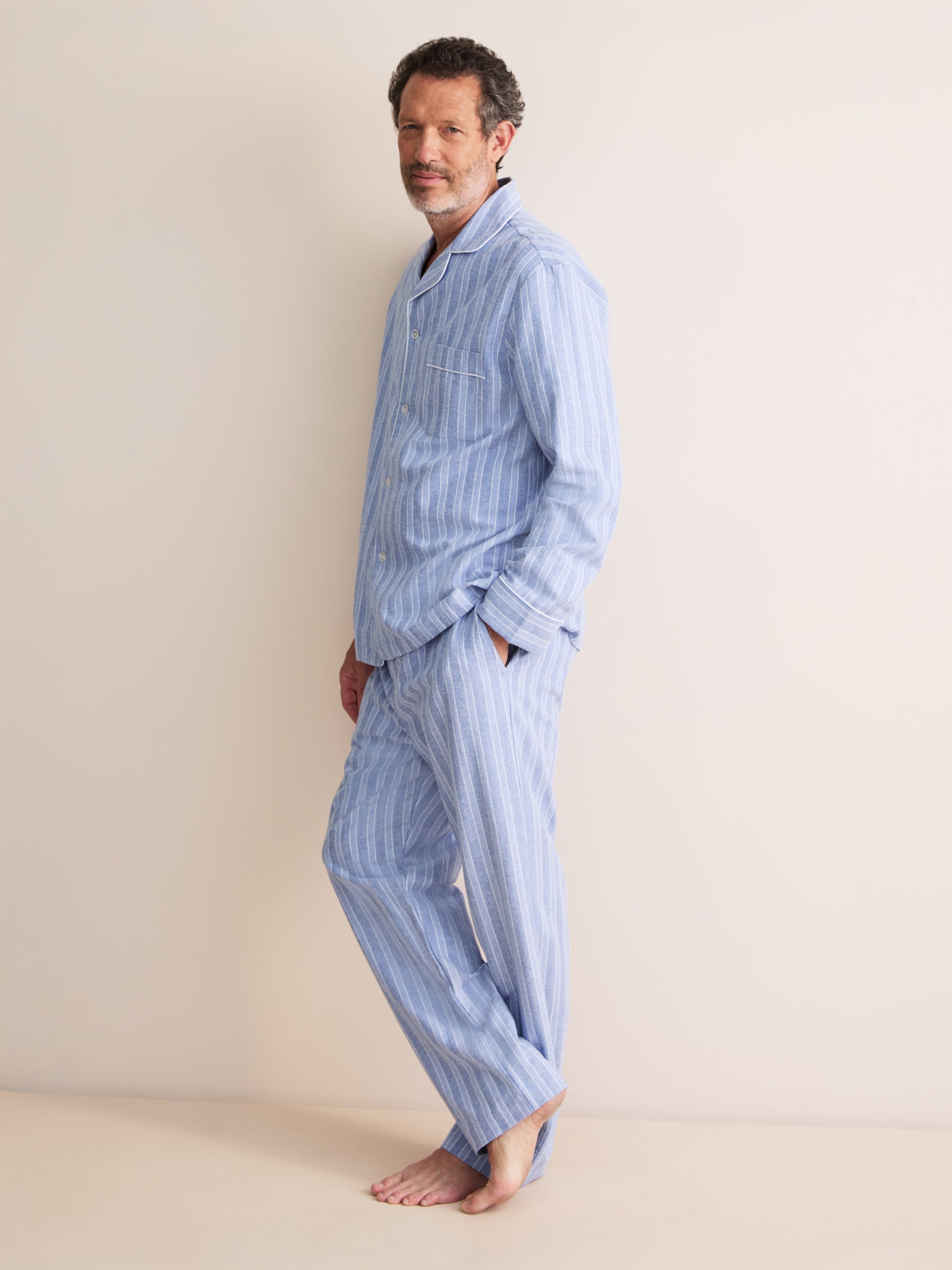 Arran Brushed Cotton Pajamas Blue Herringbone Stripe