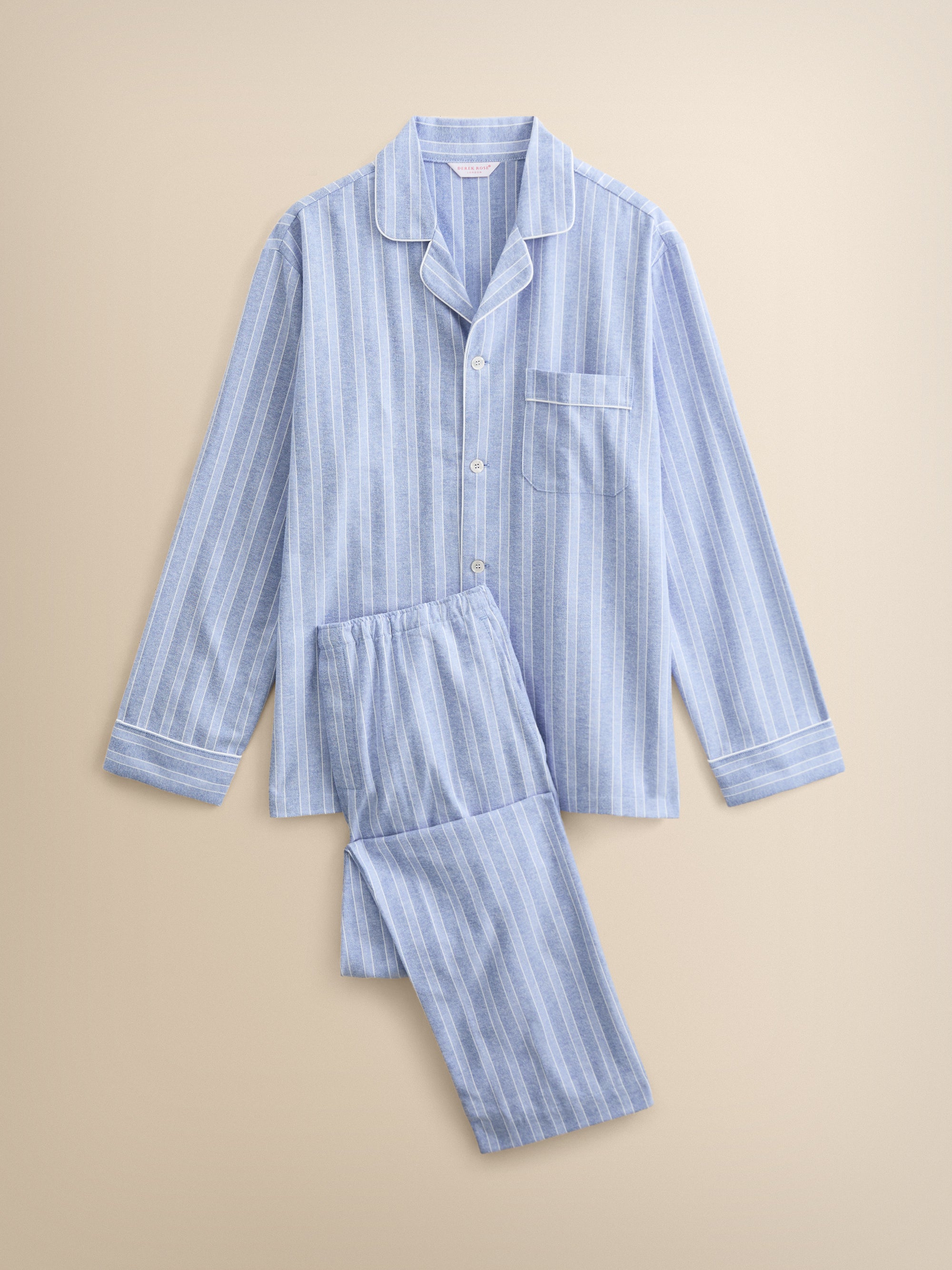 Arran Brushed Cotton Pajamas Blue Herringbone Stripe