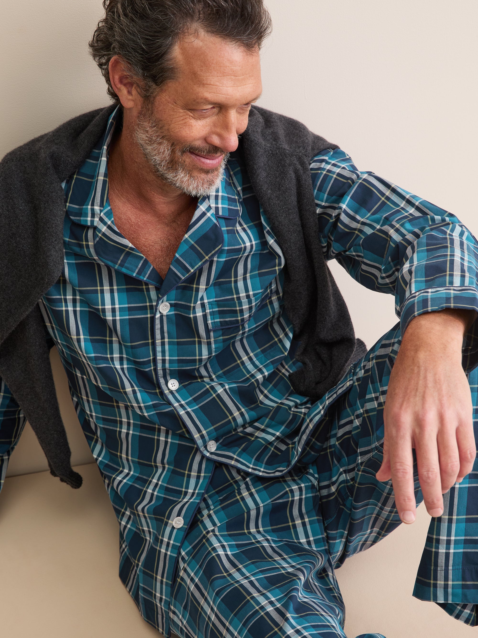 Men's Classic Fit Pyjamas Barker Cotton Navy Blue & Teal Check