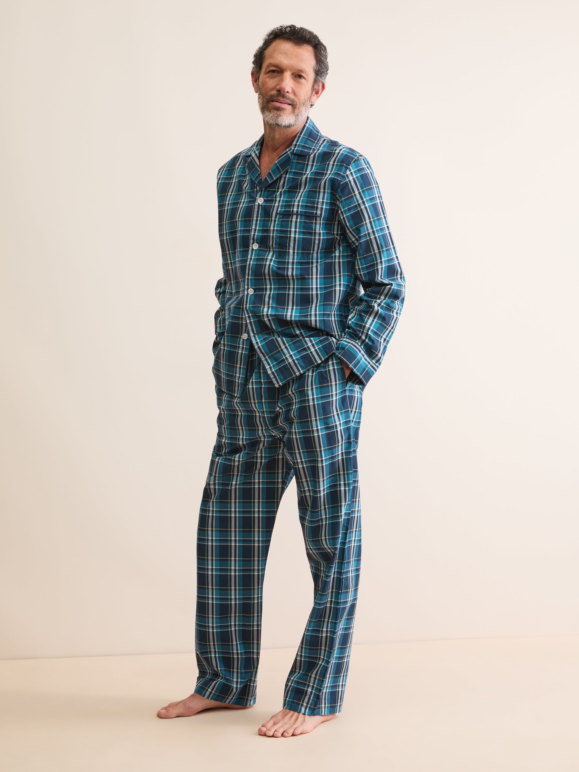 Men's Classic Fit Pyjamas Barker Cotton Navy Blue & Teal Check