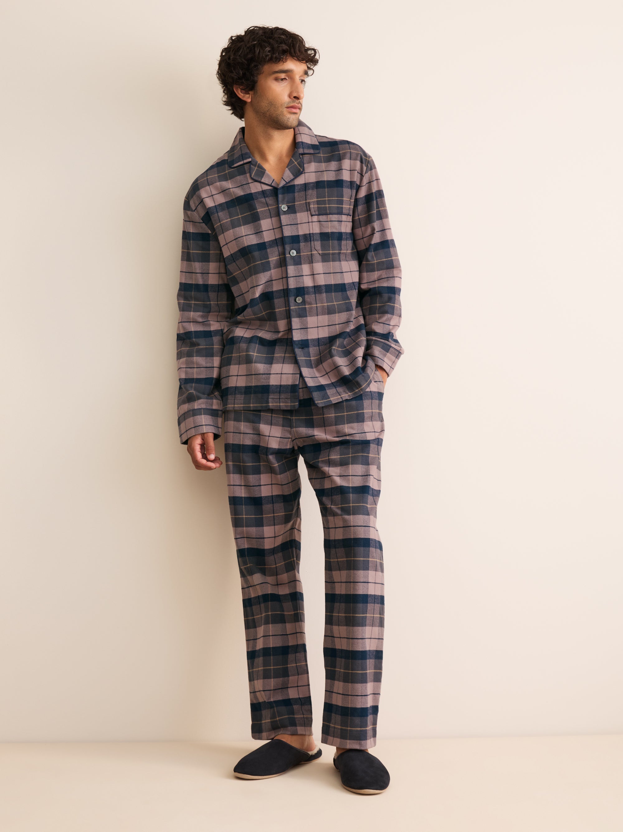 Kelburn Brushed Cotton Pajamas Navy & Dusty Pink Check