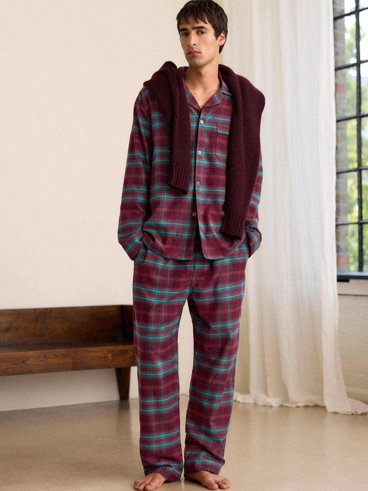 Kelburn Brushed Cotton Pyjamas Burgundy & Teal Check