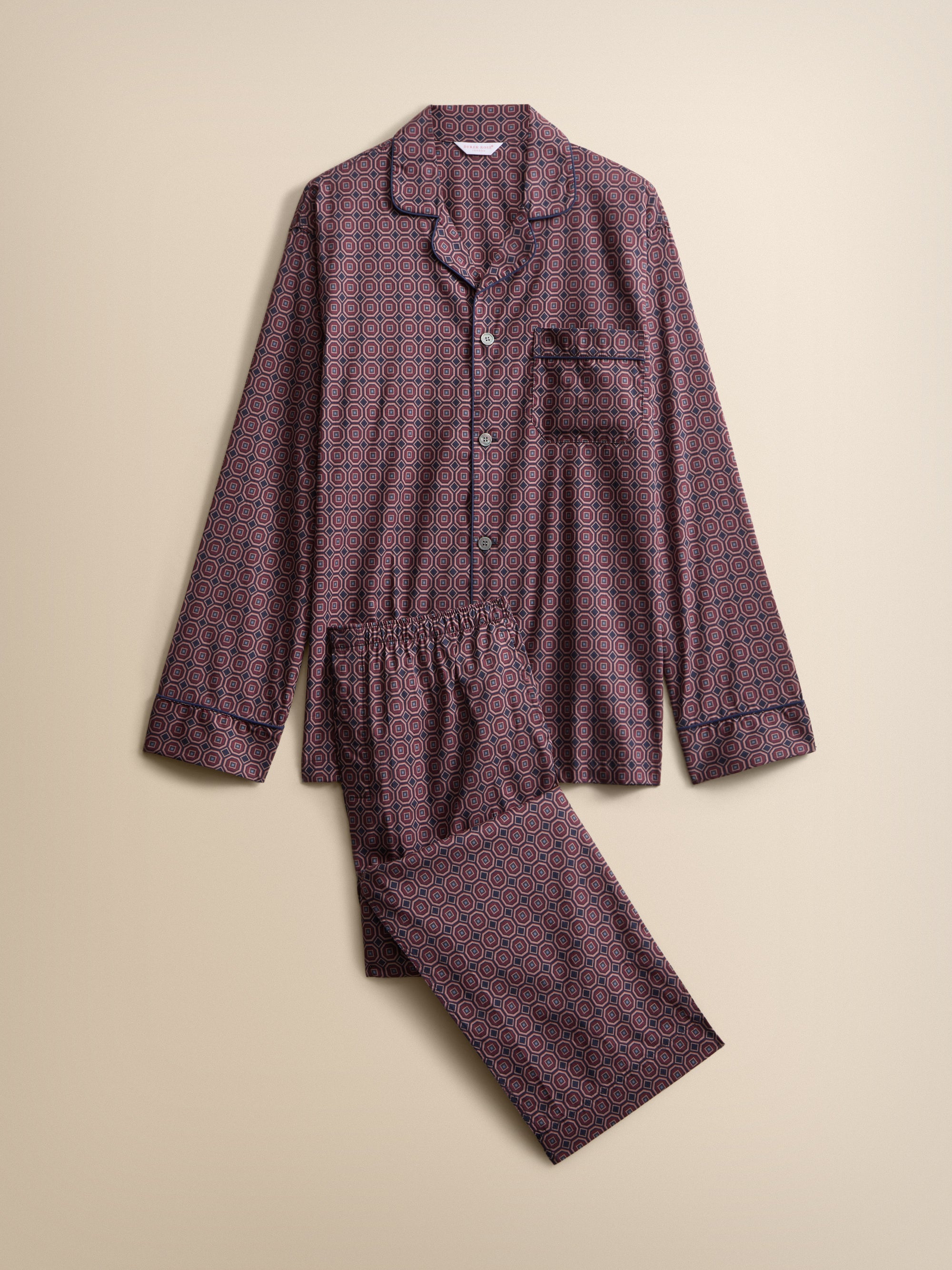 Ledbury Cotton Batiste Pajamas Night Navy & Wine Geo