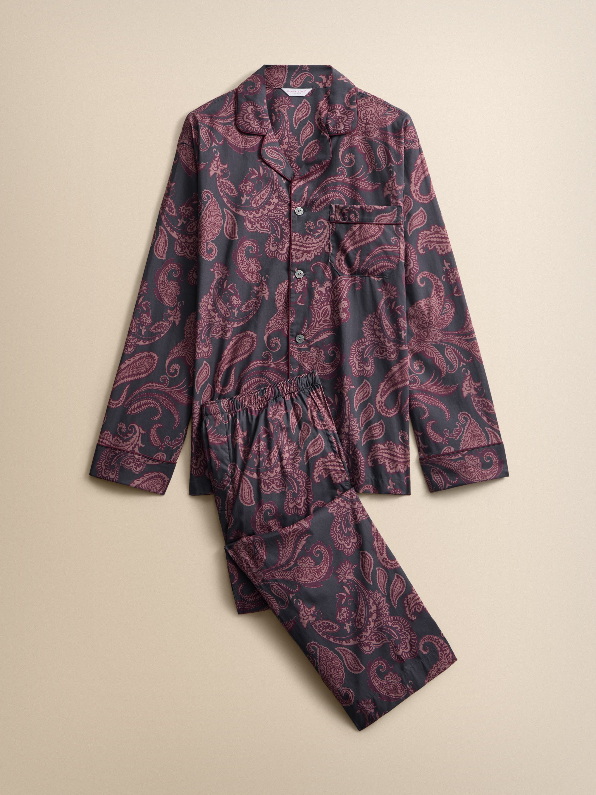 Ledbury Cotton Batiste Pajamas Night Gray & Wine Paisley