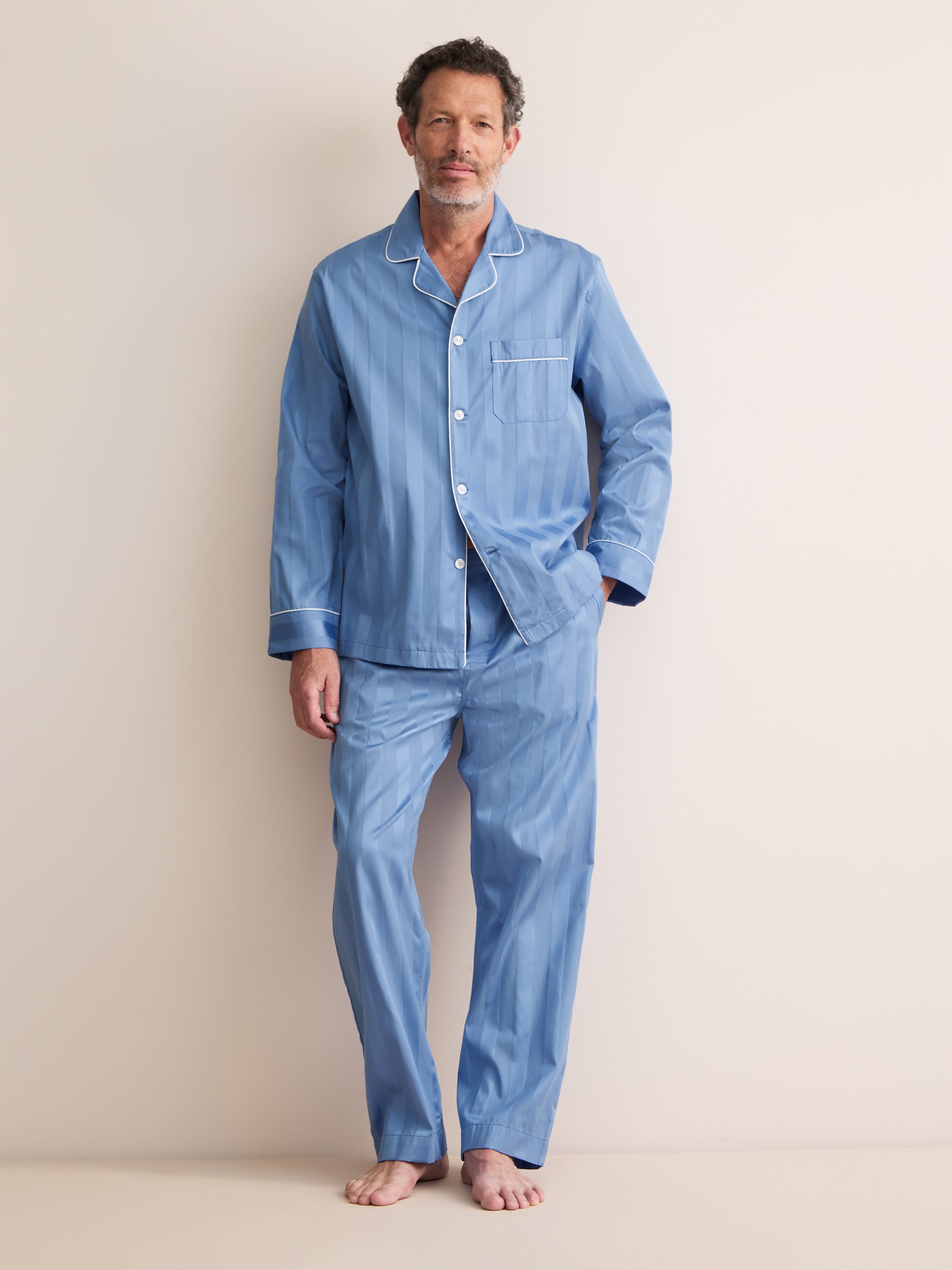 Lingfield Cotton Pajamas Mid Blue Tonal Stripe