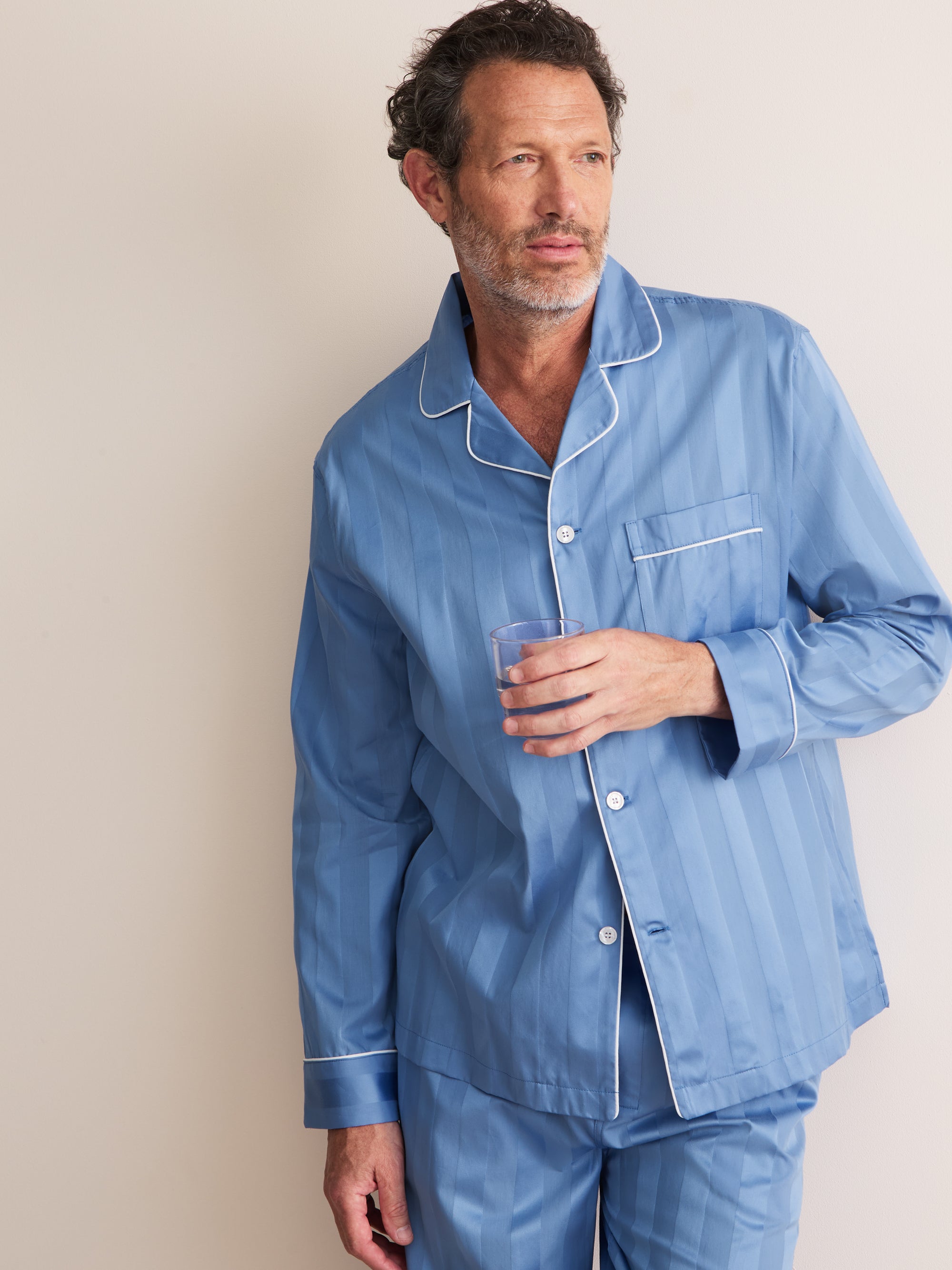 Lingfield Cotton Pajamas Mid Blue Tonal Stripe