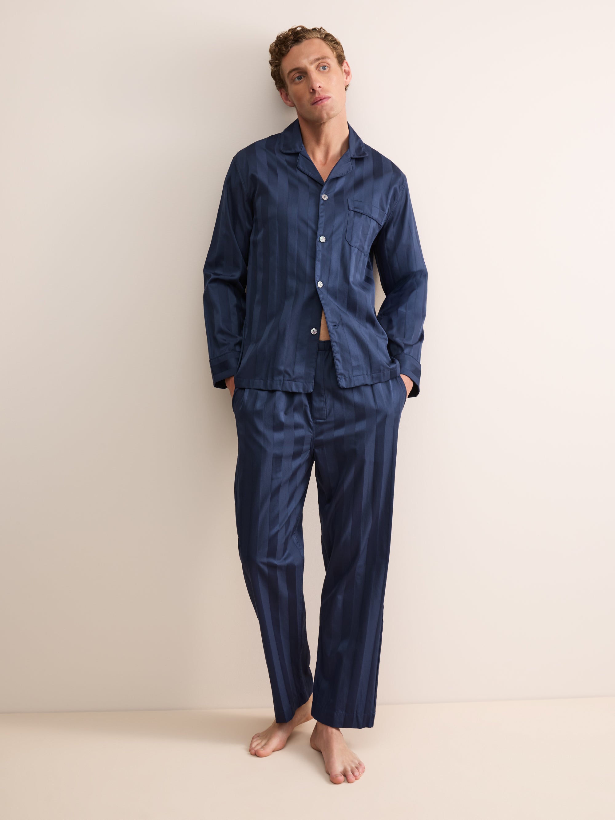 Lingfield Cotton Pajamas Navy Blue Tonal Stripe