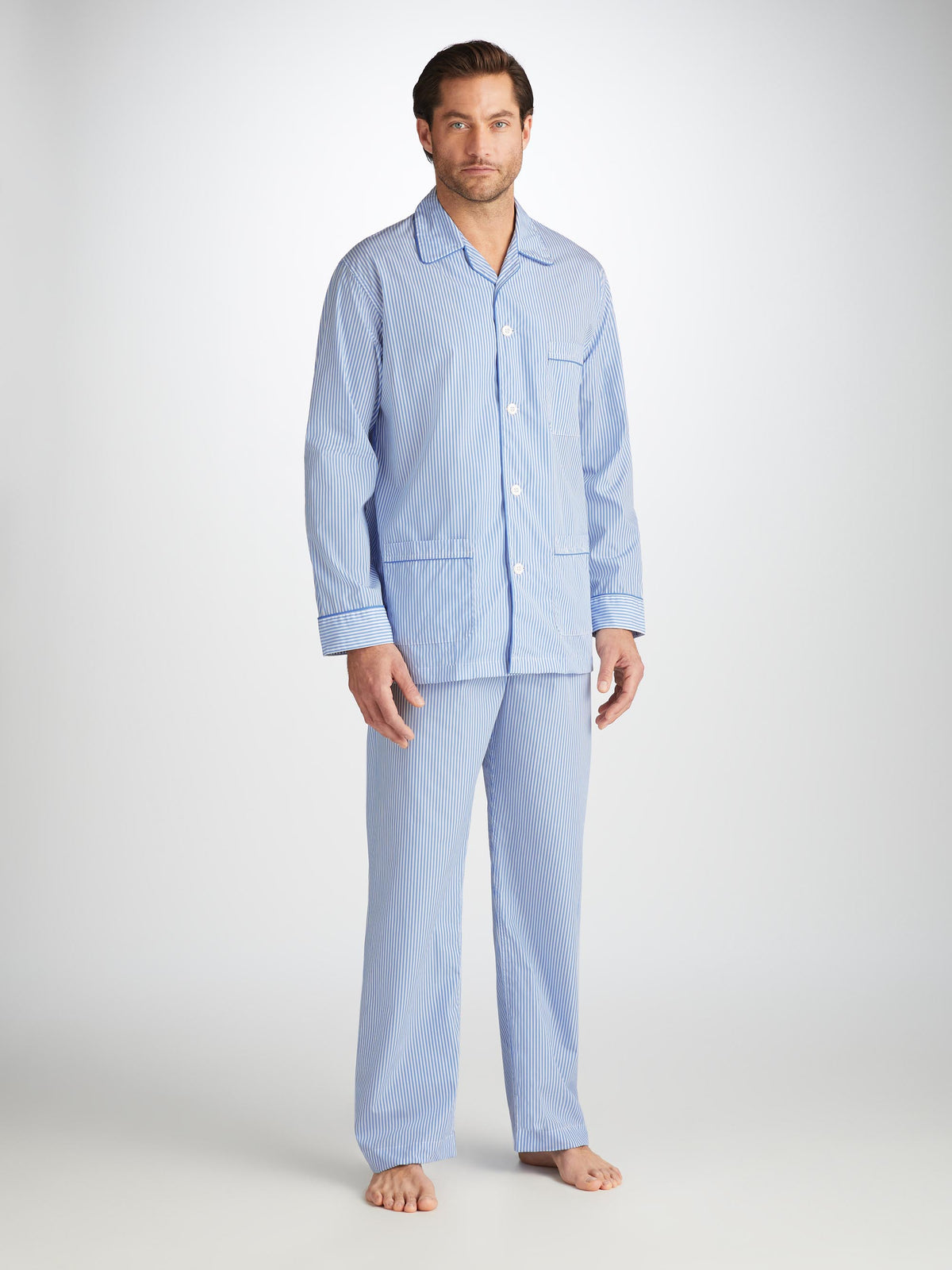 Mens James Pyjamas Cotton Stripe Blue | Derek Rose | Derek Rose