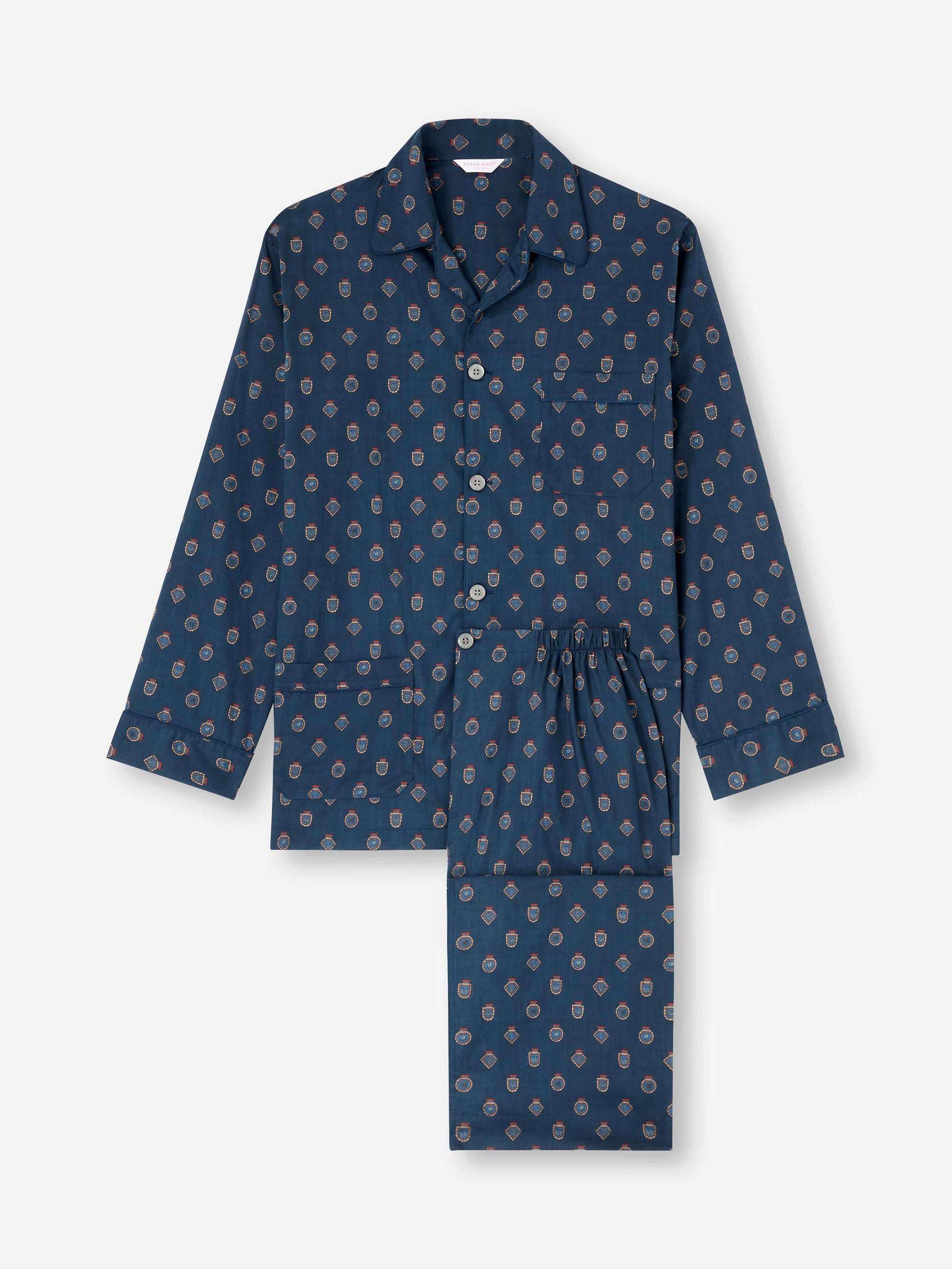 Men's Classic Fit Pyjamas Cotton Batiste Navy Badge Print