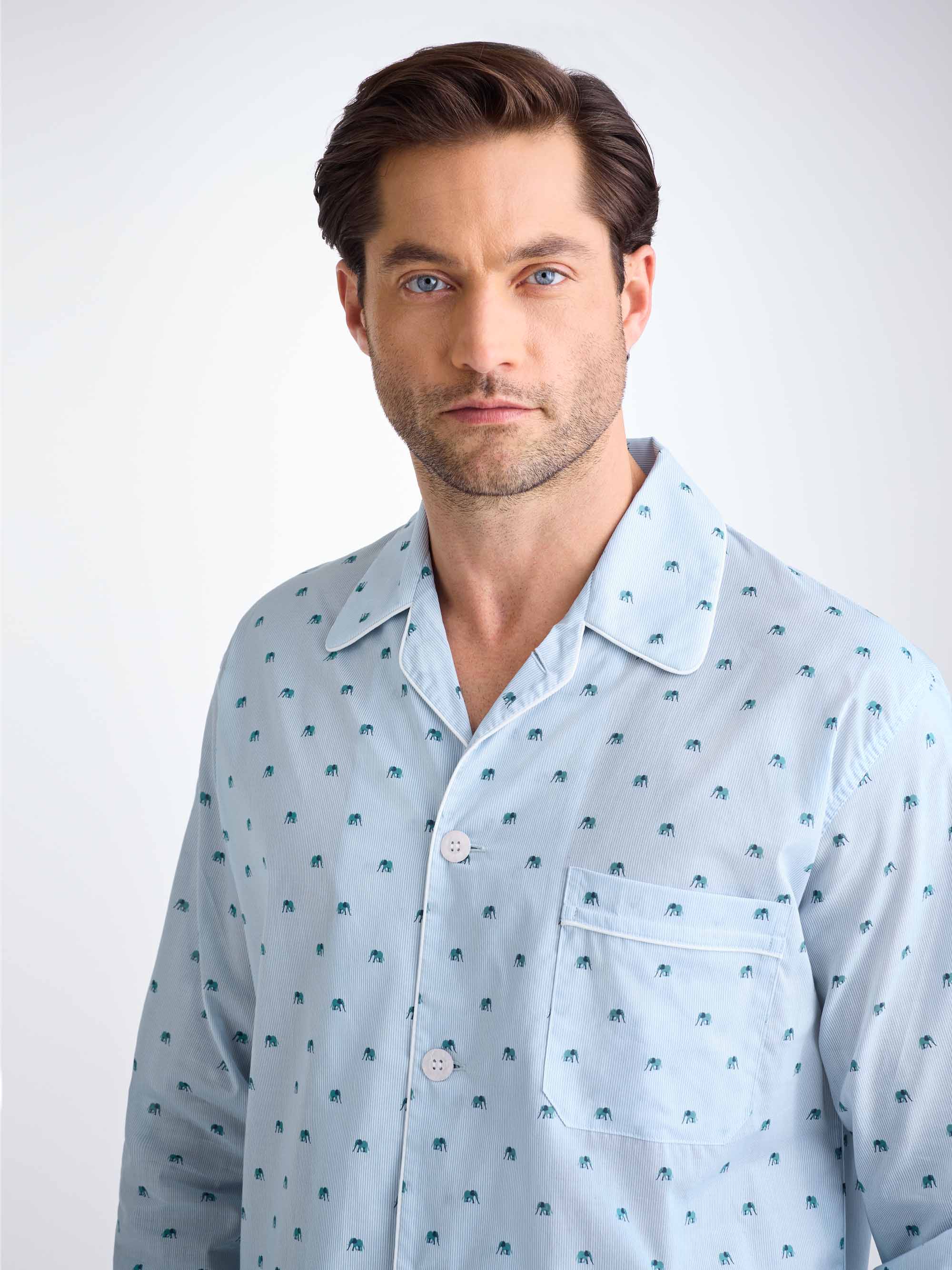 Men's Classic Fit Pajamas Cotton Batiste Blue Elephant Print