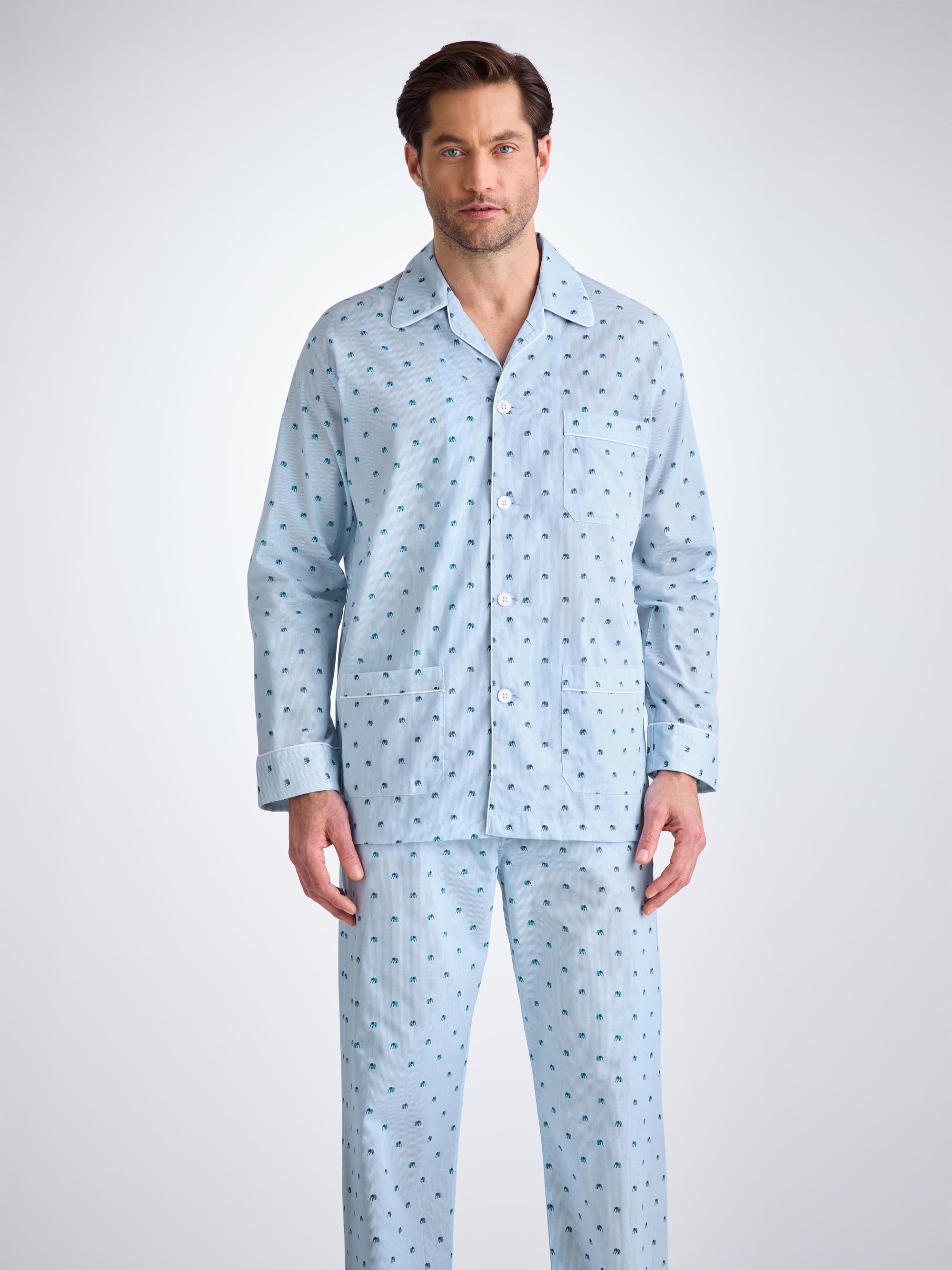 Men's Classic Fit Pajamas Cotton Batiste Blue Elephant Print