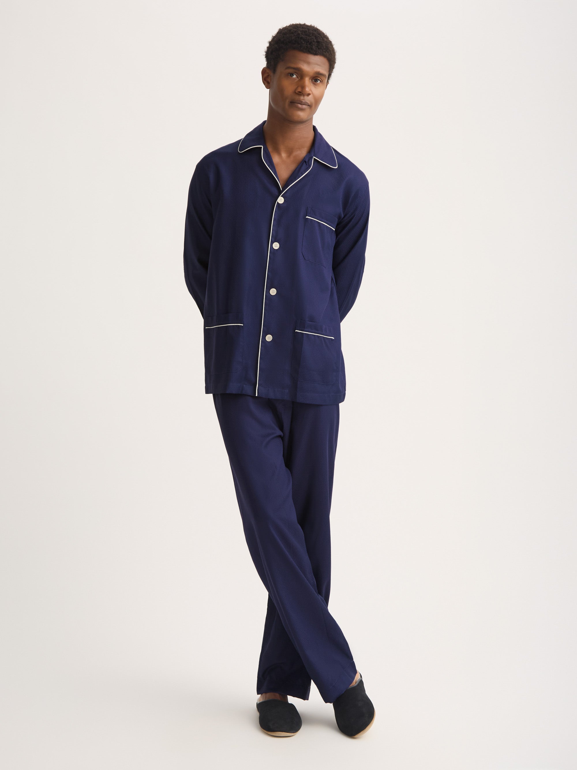Men's Classic Fit Pajamas Cotton Jacquard Navy Rose Star Pattern