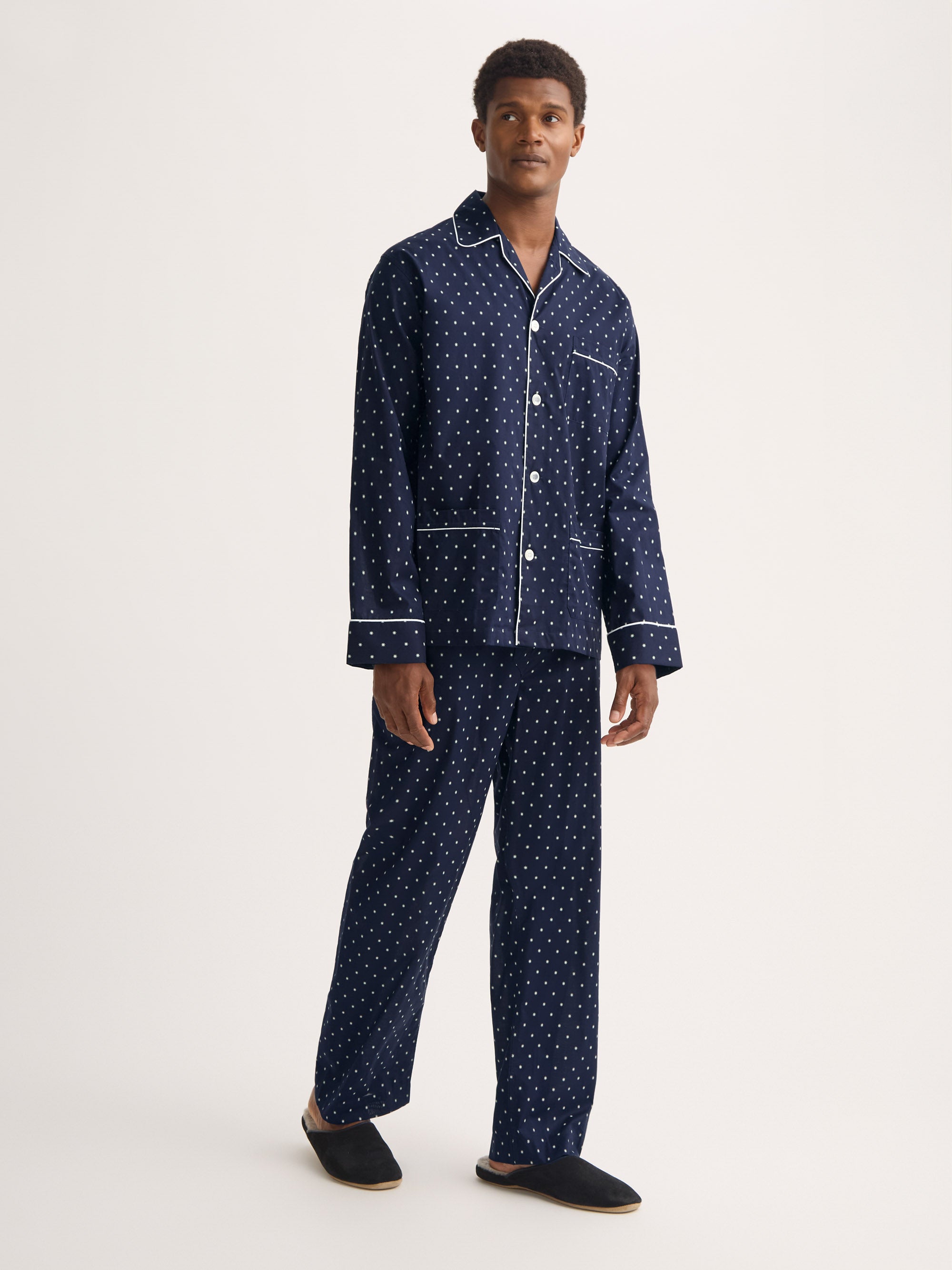 Men's Classic Fit Pajamas Cotton Batiste Navy Blue Starburst Print
