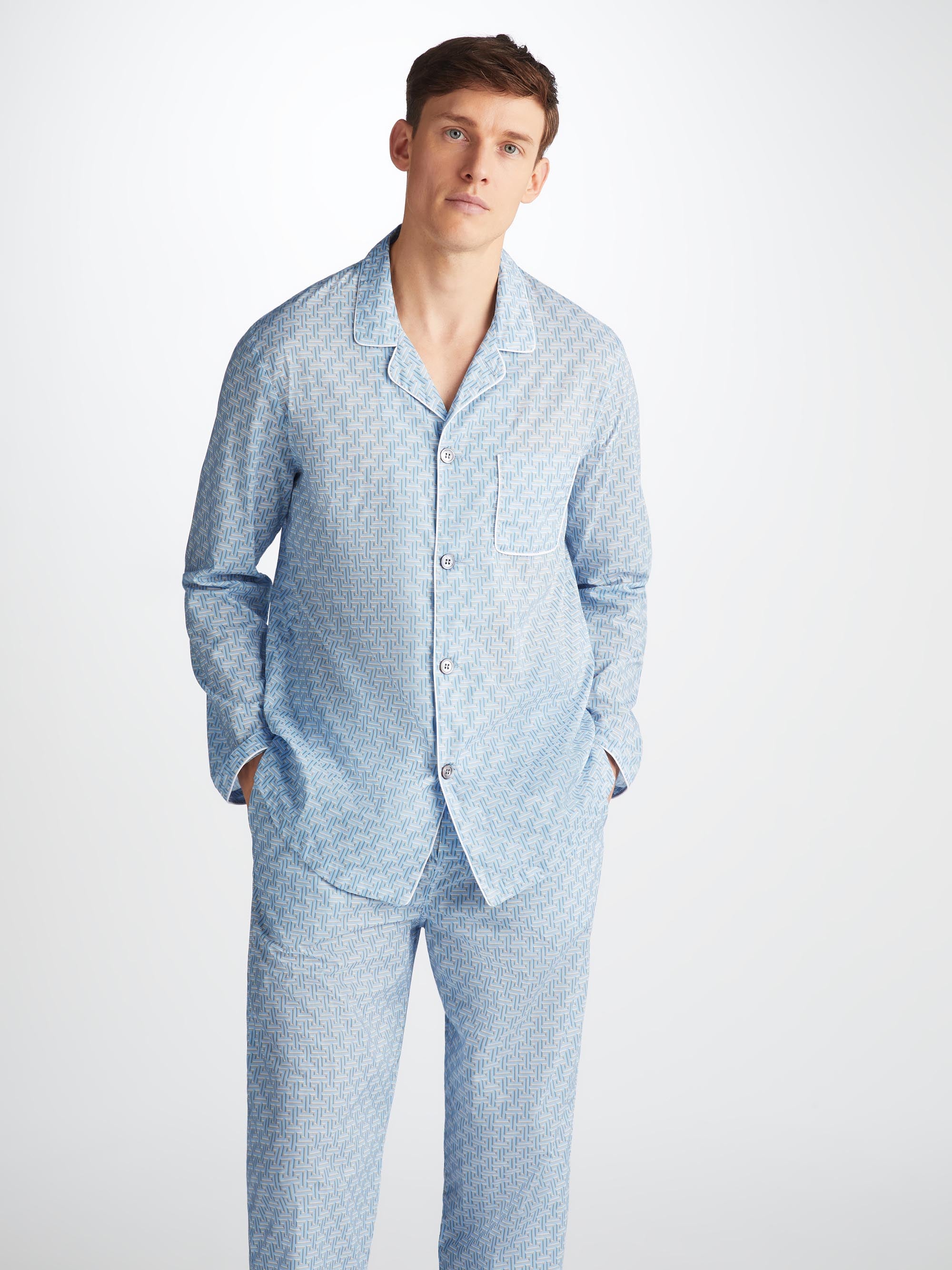 Men s Classic Fit Pyjamas Ledbury 72 Cotton Batiste Blue