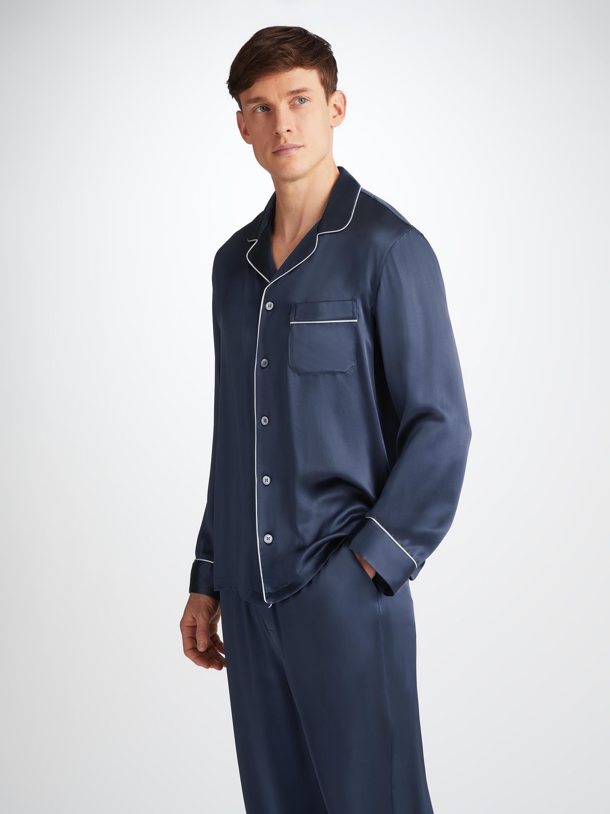 Bailey 1 Silk Satin Navy Men’s Regular Fit Pyjamas | Derek Rose