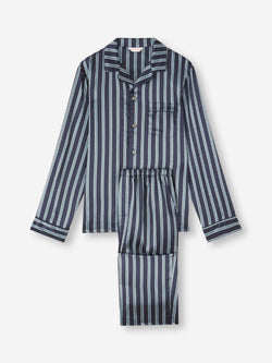 Men's Silk Pajamas Navy Blue & Blue Stripe