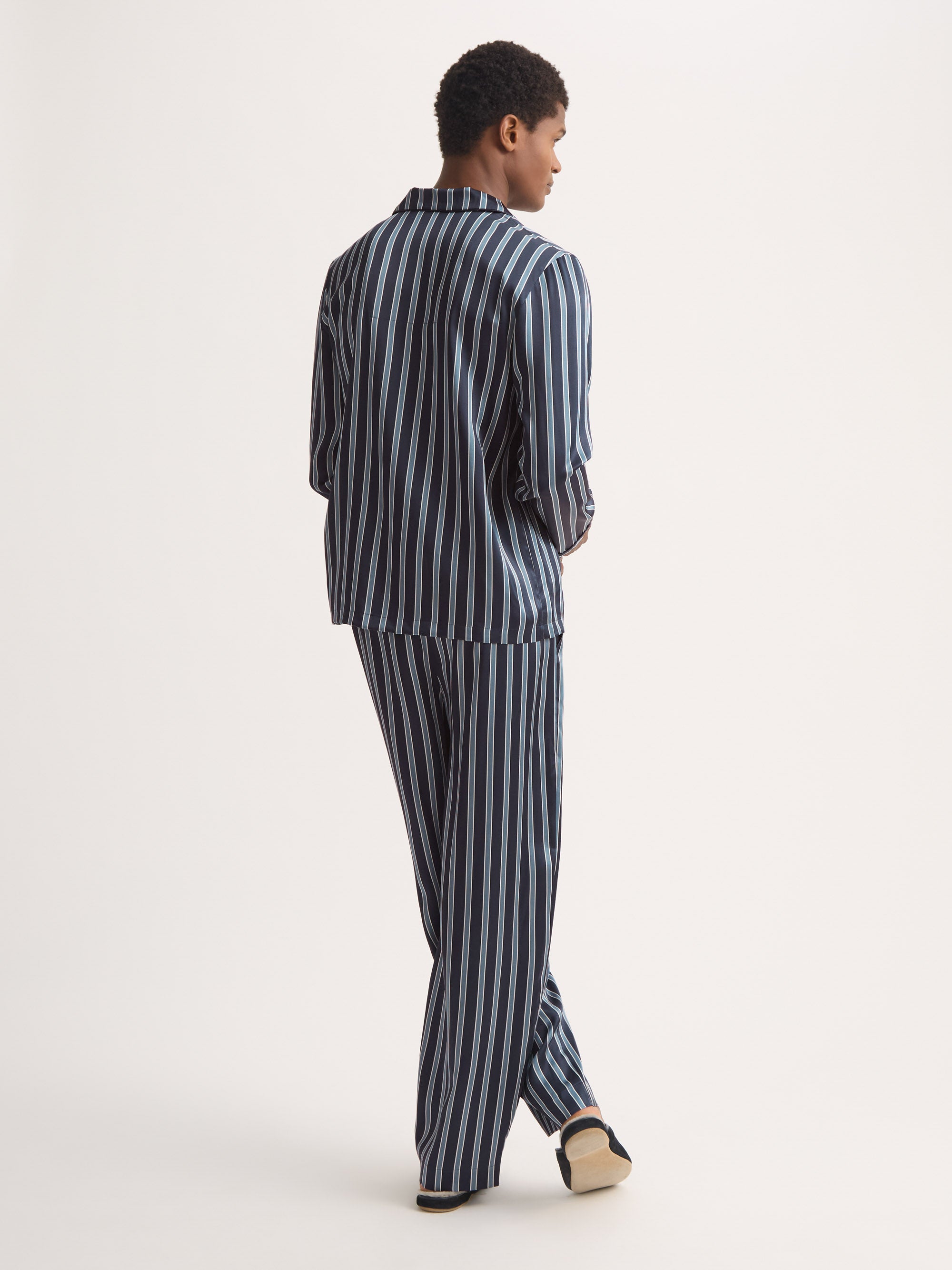 Men's Silk Pajamas Navy Blue & Blue Stripe