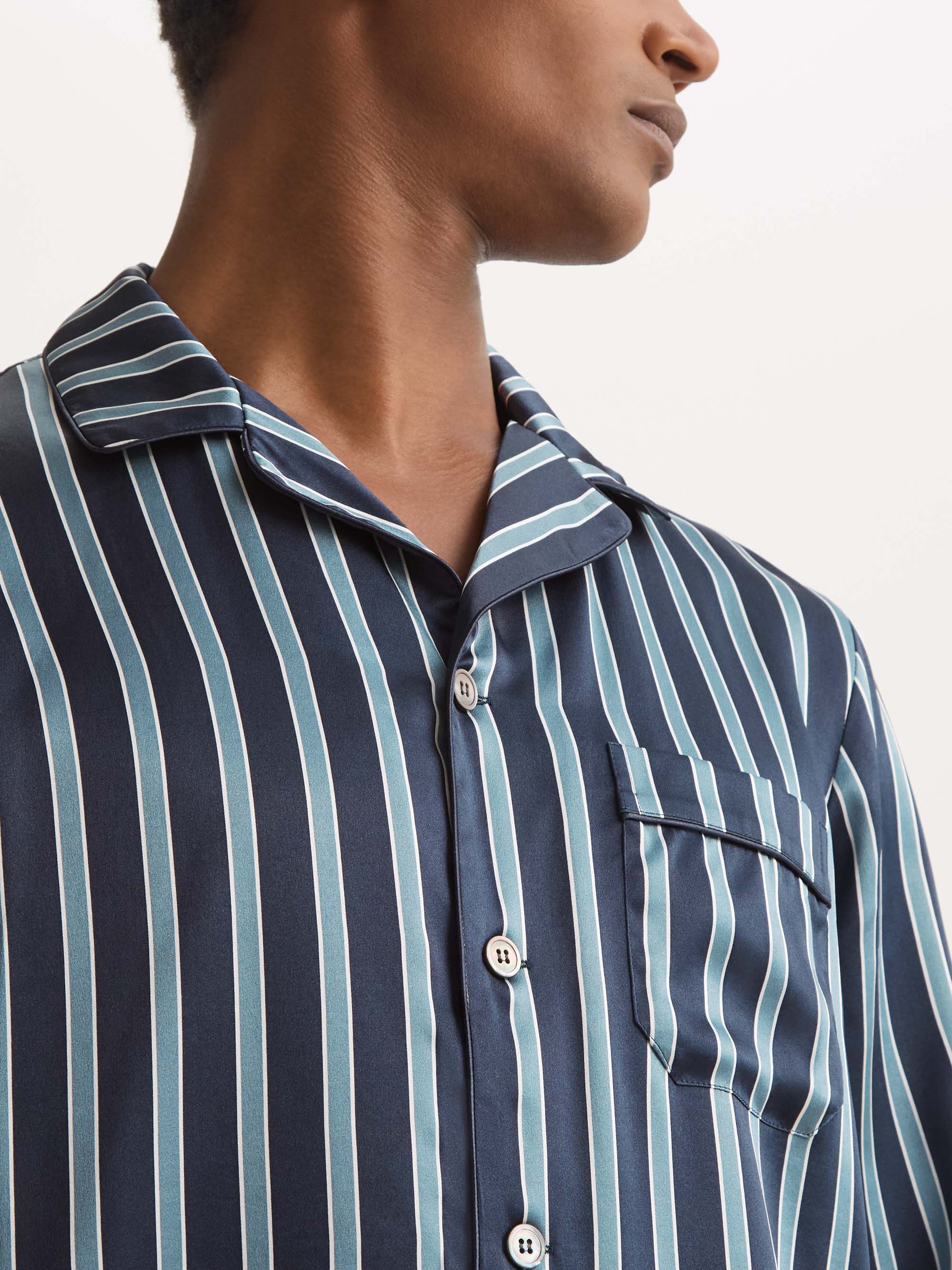 Men's Silk Pajamas Navy Blue & Blue Stripe