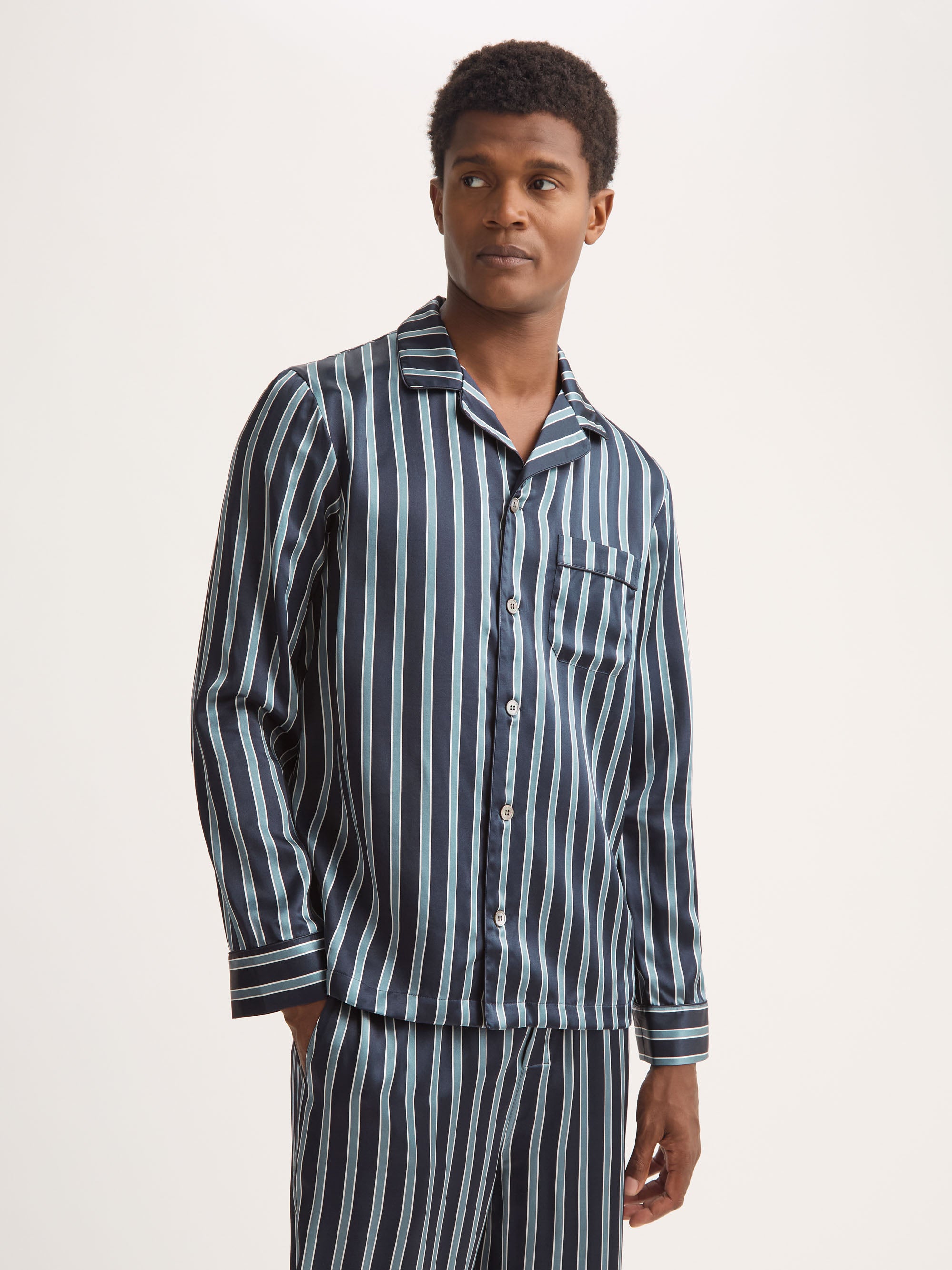 Men's Silk Pajamas Navy Blue & Blue Stripe
