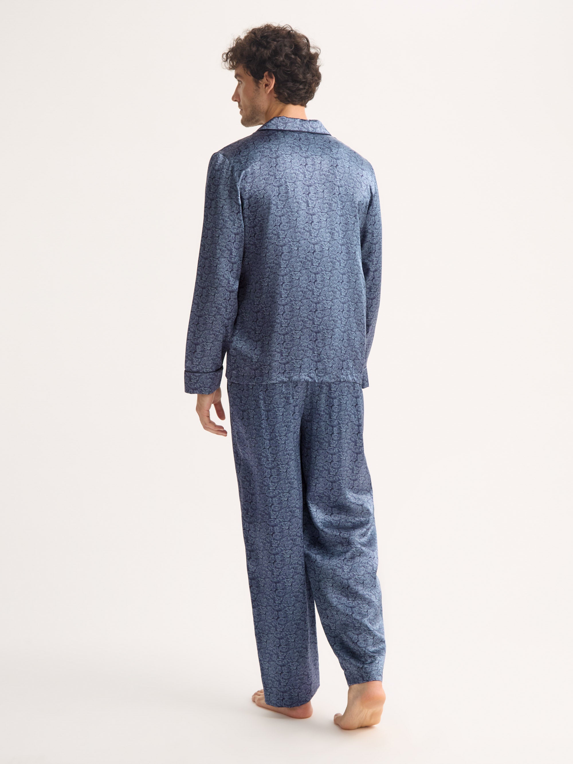 Men's Silk Pajamas Navy Blue Rose
