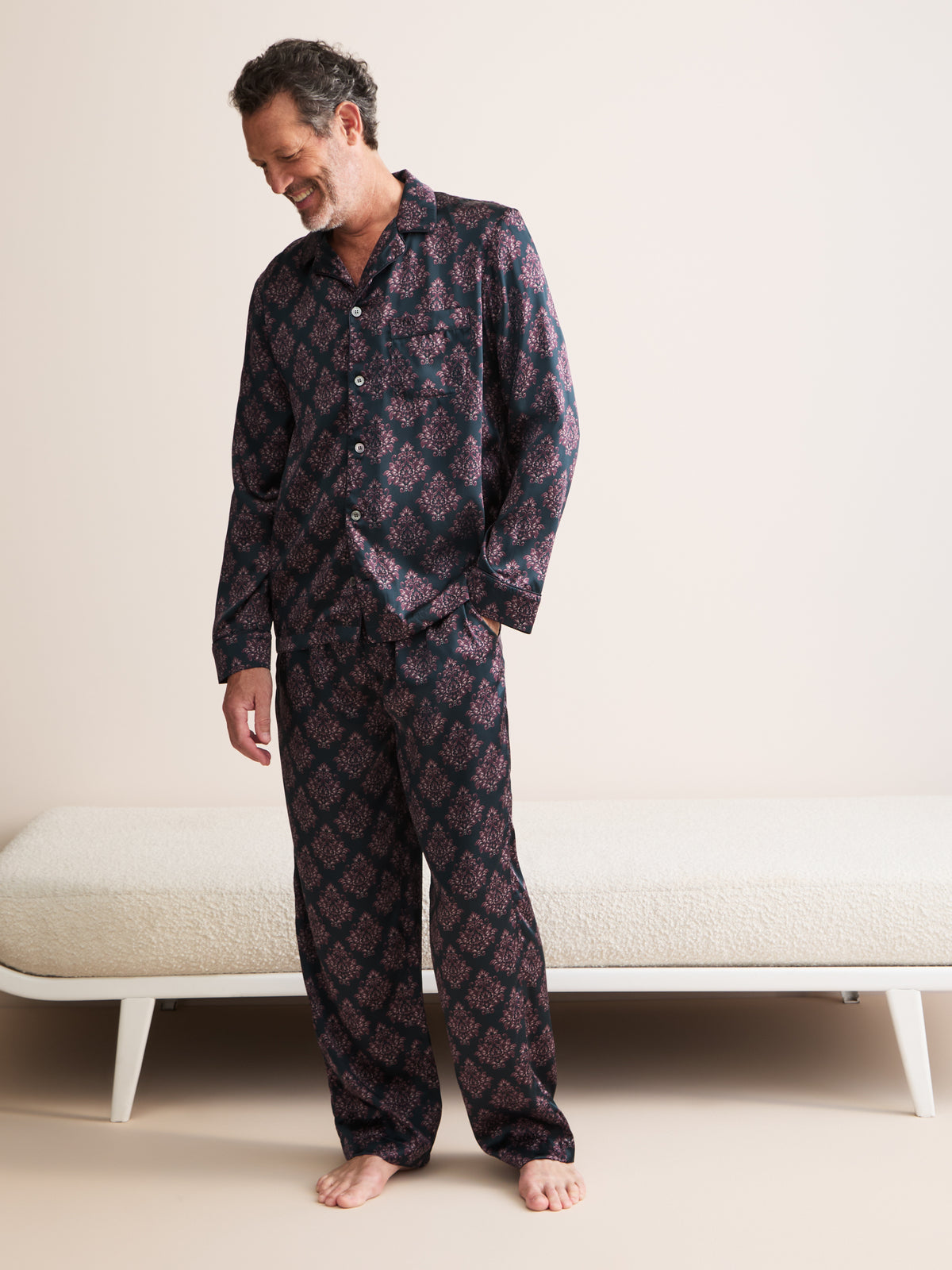 Brindisi Silk Pyjamas Midnight Navy & Wine Damask