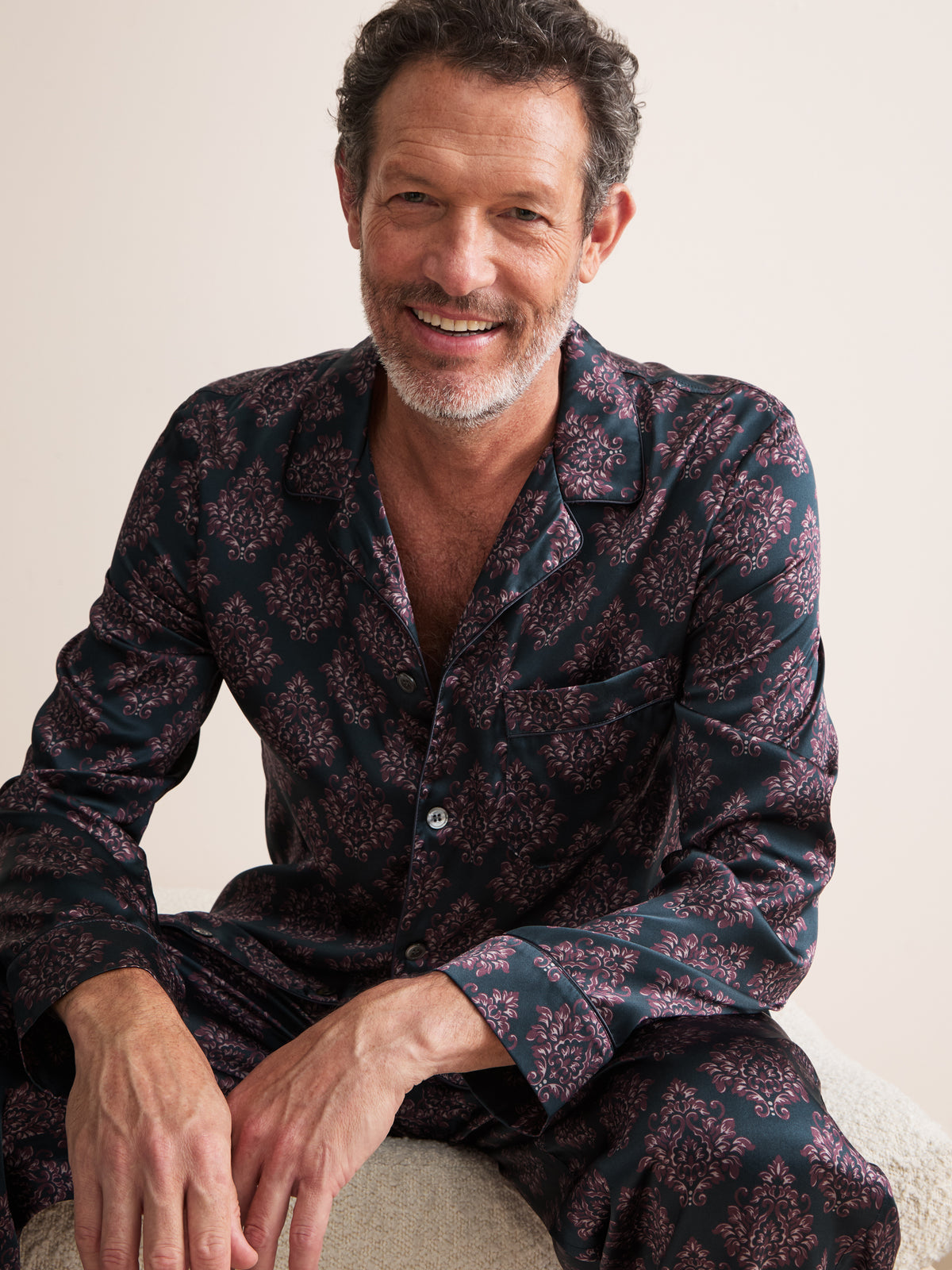 Brindisi Silk Pyjamas Midnight Navy & Wine Damask