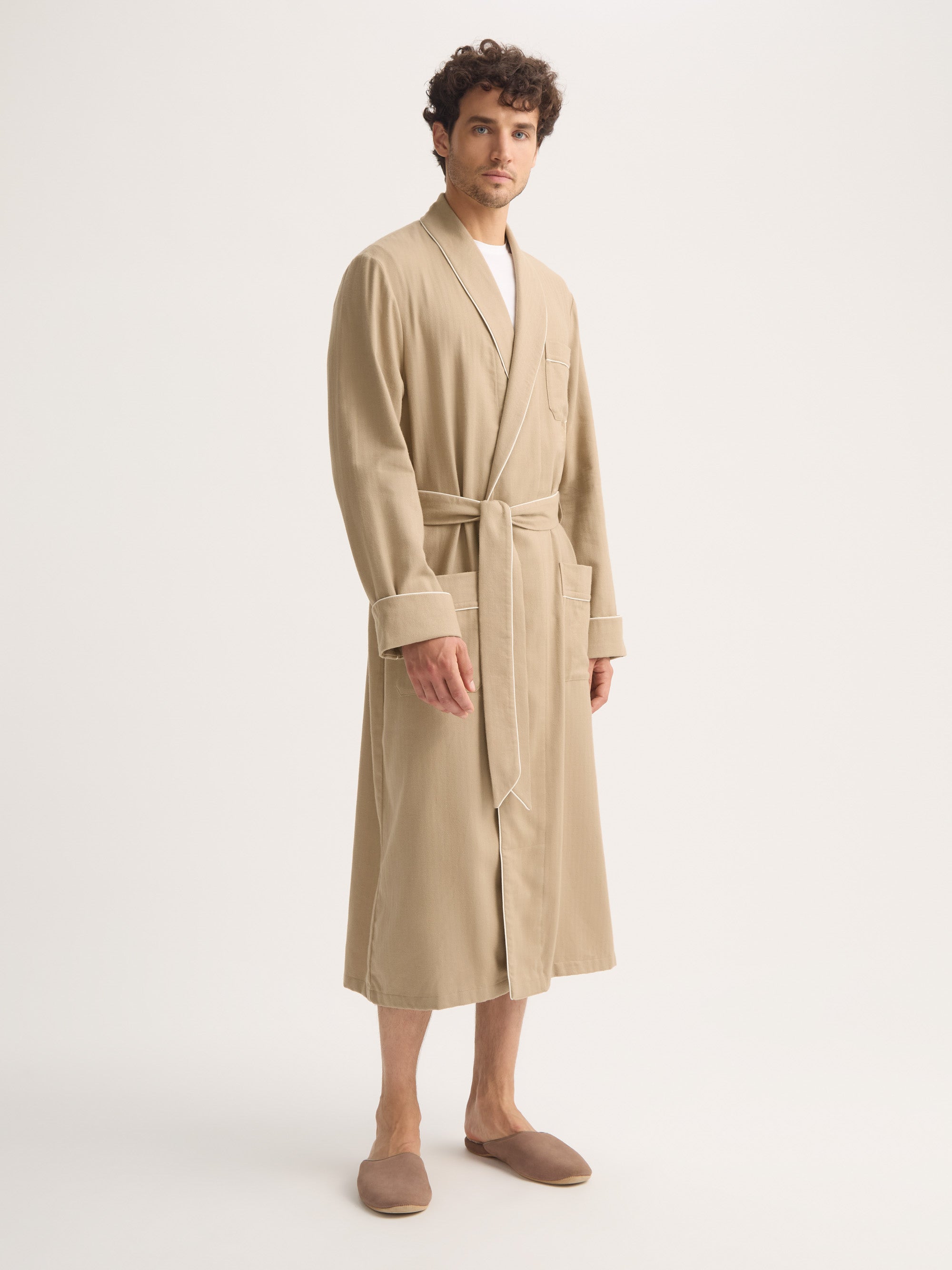 Men's Robe Kelburn Brushed Cotton Light Stone Herringbone