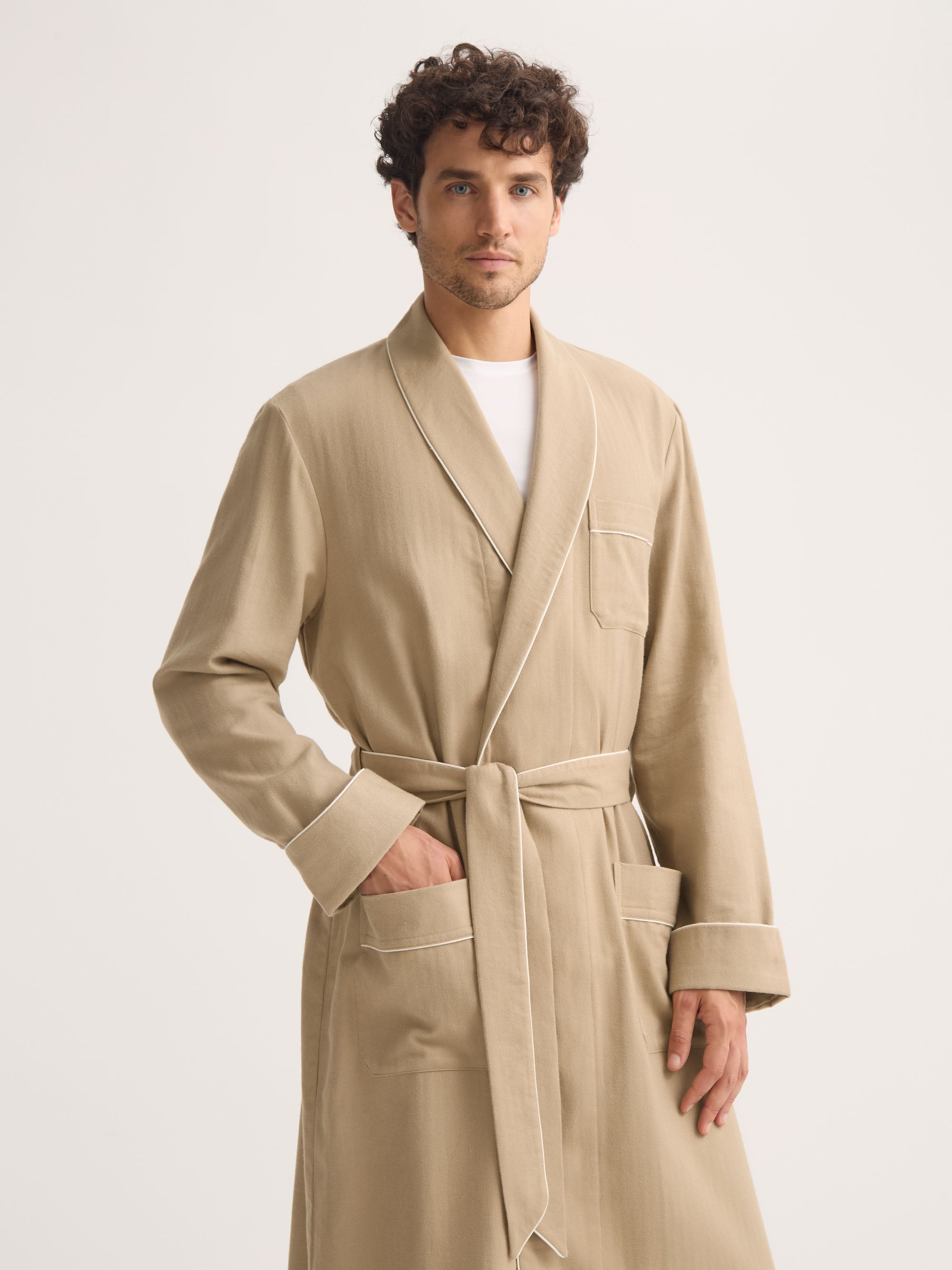 Men's Robe Kelburn Brushed Cotton Light Stone Herringbone