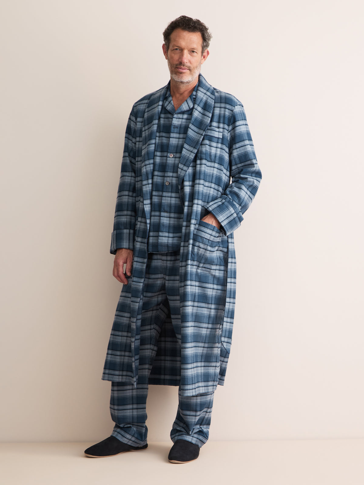 Kelburn Brushed Cotton Dressing Gown Blue Check