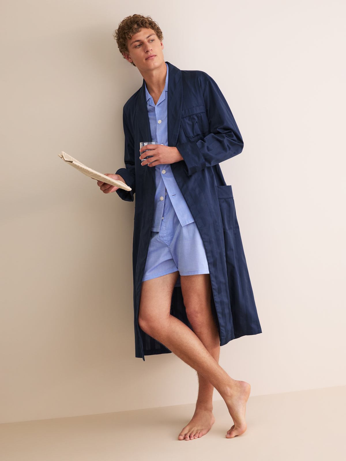 Derek Rose Lingfield Cotton Dressing Gown Navy Blue Stripe