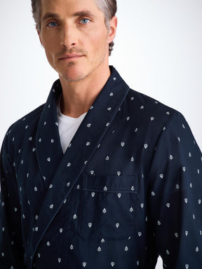 Men's Dressing Gown Cotton Batiste Navy Paisley Motif