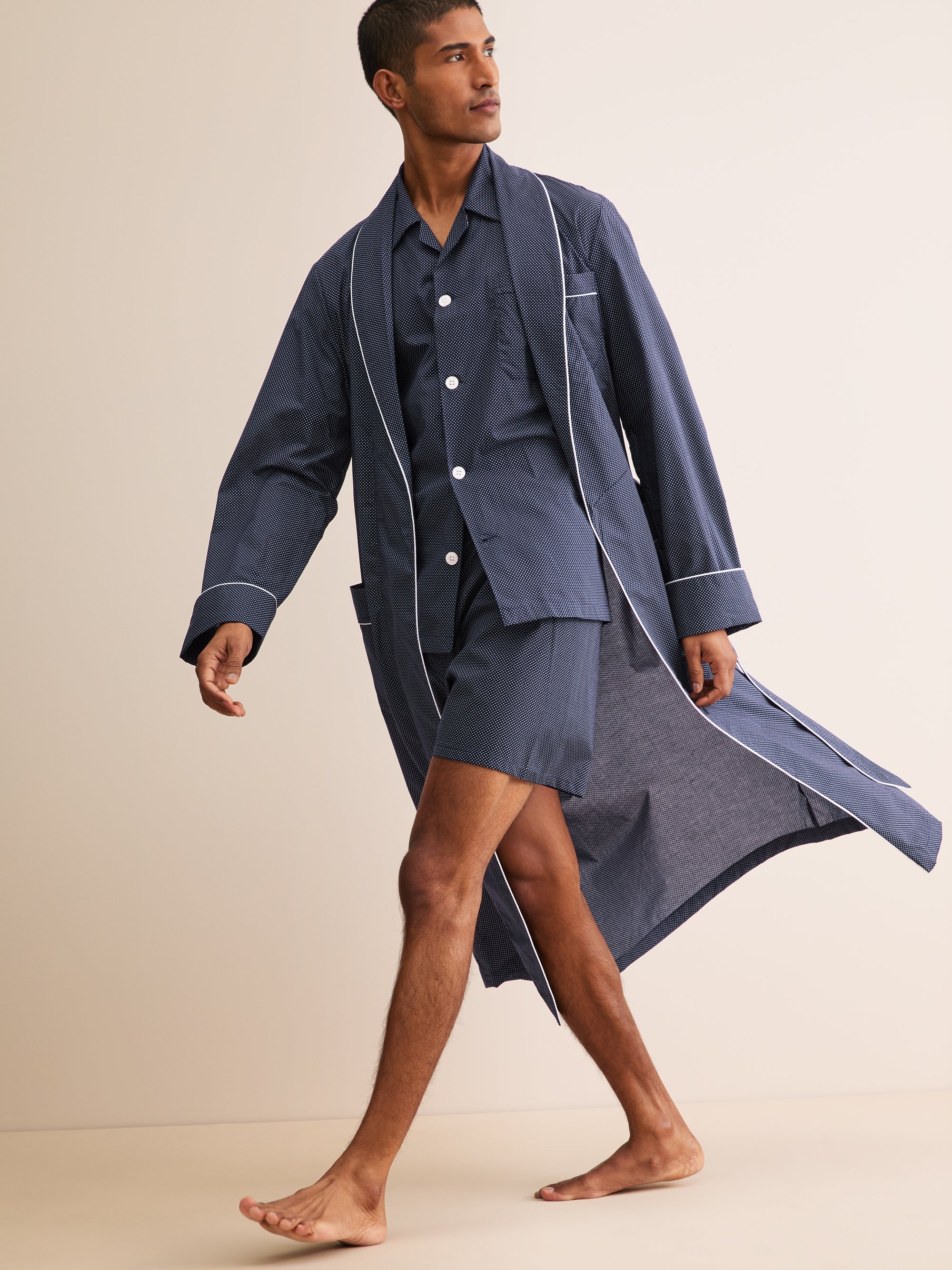 Men's Robe Cotton Batiste Navy Pin Dot Print