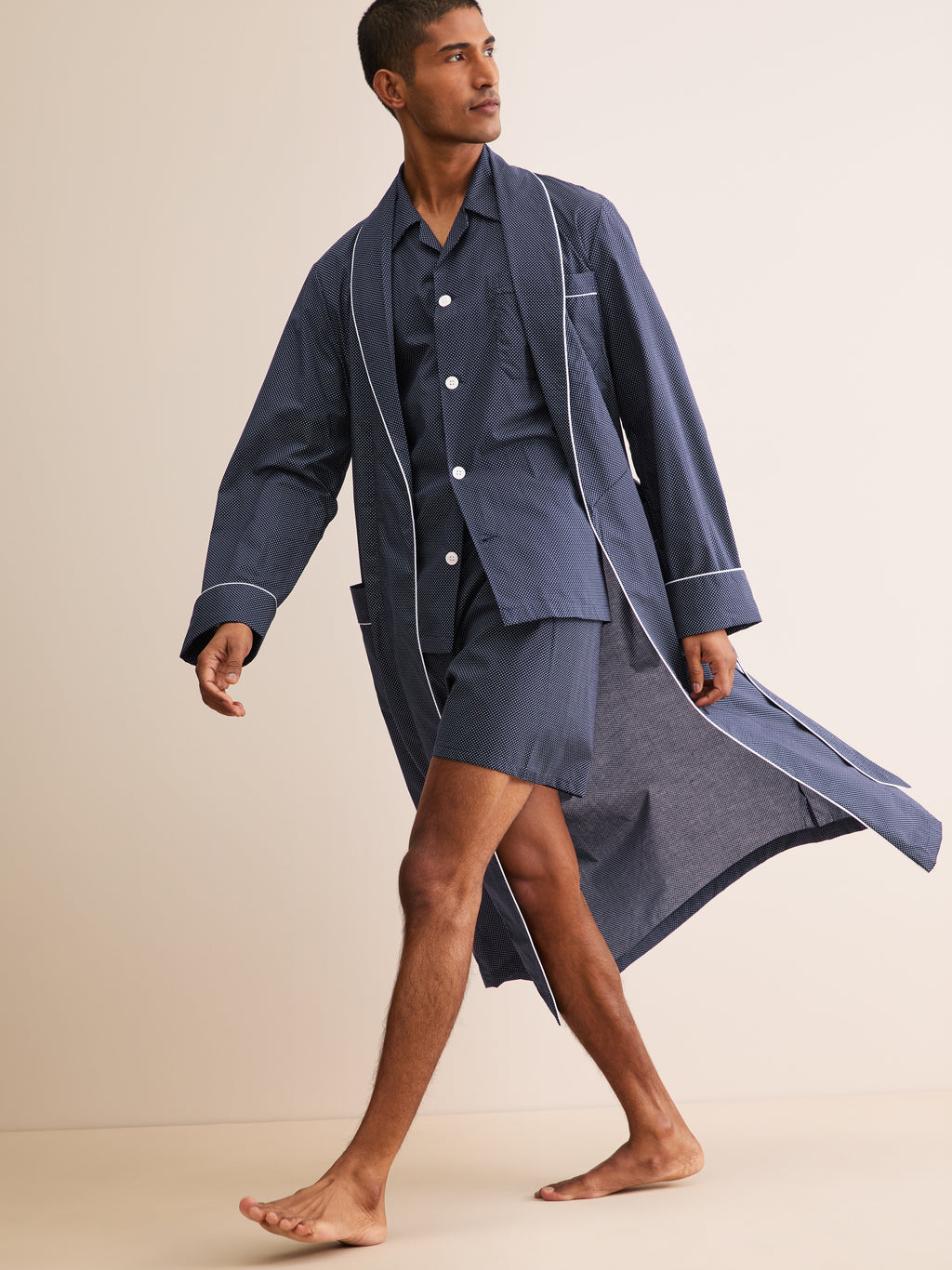Derek Rose Plaza Cotton Batiste Dressing Gown Navy Blue Pin Dot