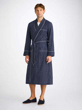 Men's Dressing Gown Cotton Batiste Navy Pin Dot Print